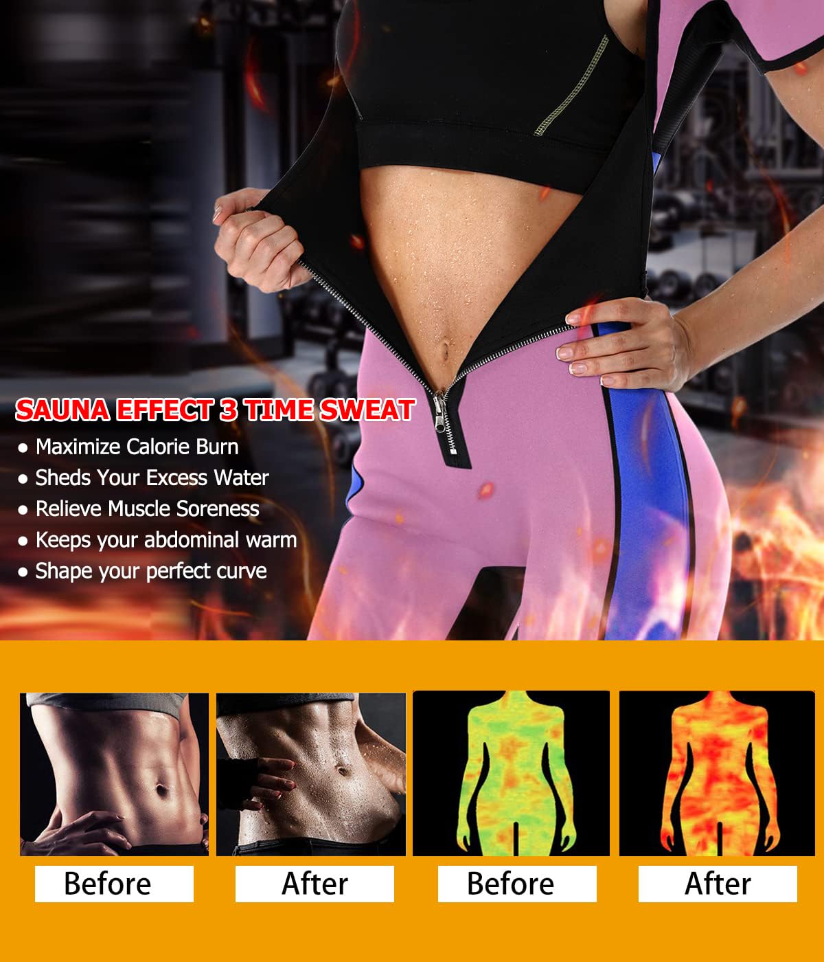 LaLaAreal Damen Neopren-Fitnessanzug / Sauna-Ganzkörperanzug, körperformender Anzug mit Reißverschluss und ärmeln