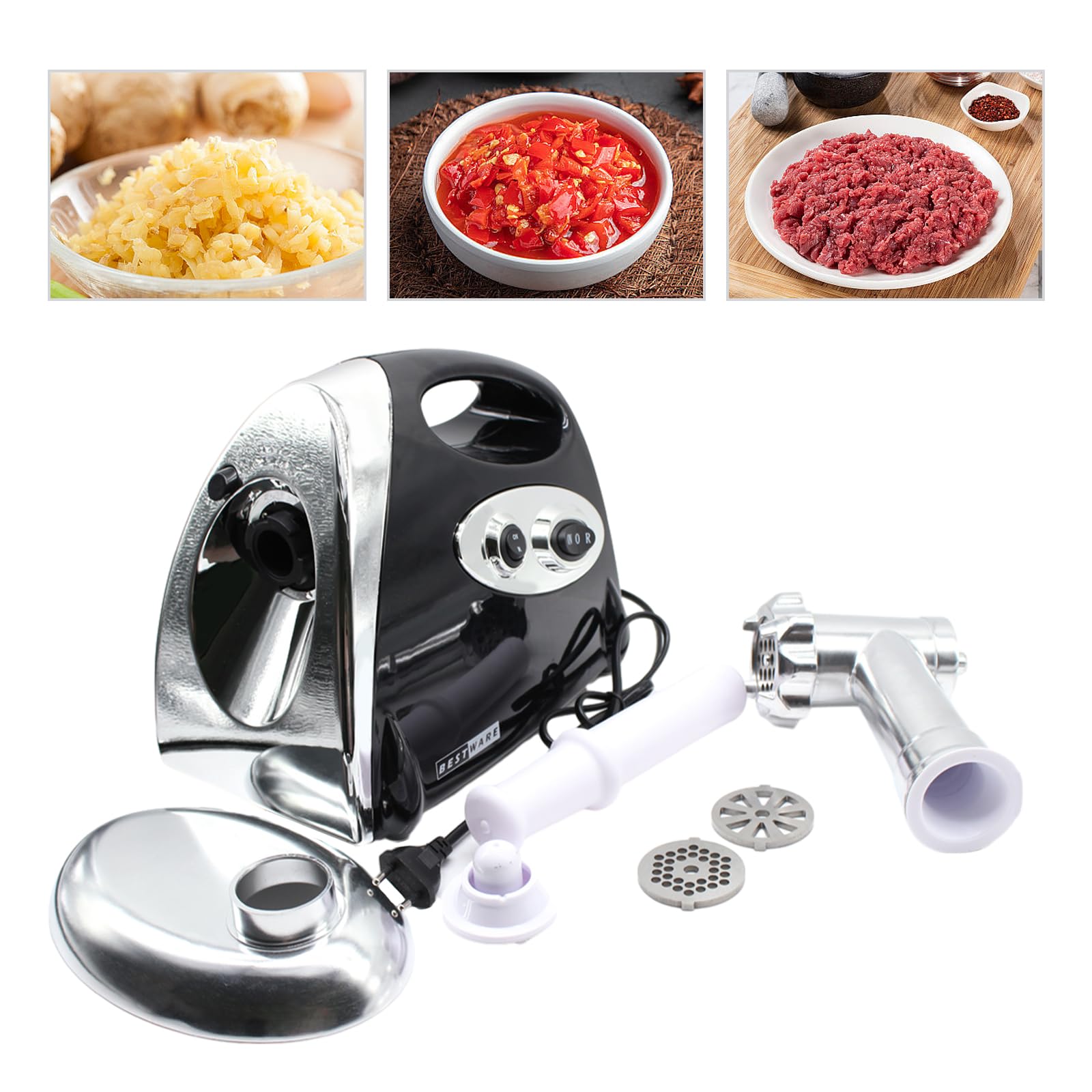 Maszynka do mięsa 800 W, stal nierdzewna, z 3 metalowymi tarczami i wypełniaczem kiełbasy 1,5-2 kg/min, zabezpieczenie przed przegrzaniem i bieg wsteczny (220 V, czarna)