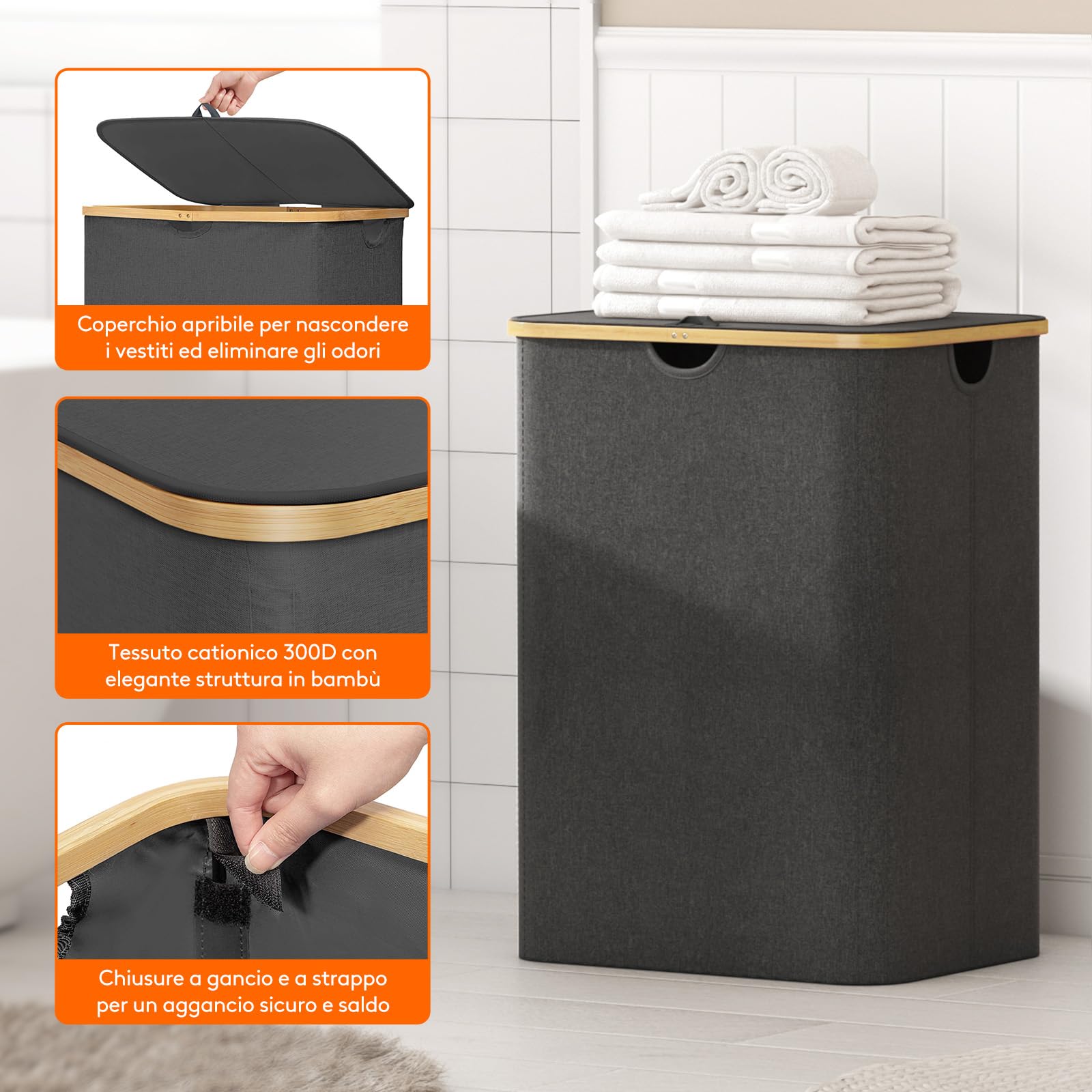 Lifewit 150L Cesto Portabiancheria 3 Scomparti, Cesta Biancheria Sporca con Manici Bambù, Cesto Panni Sporchi con 3 Sacco, Cesto Lavanderia, Porta Biancheria Sporca per Bagno, Grigio Scuro