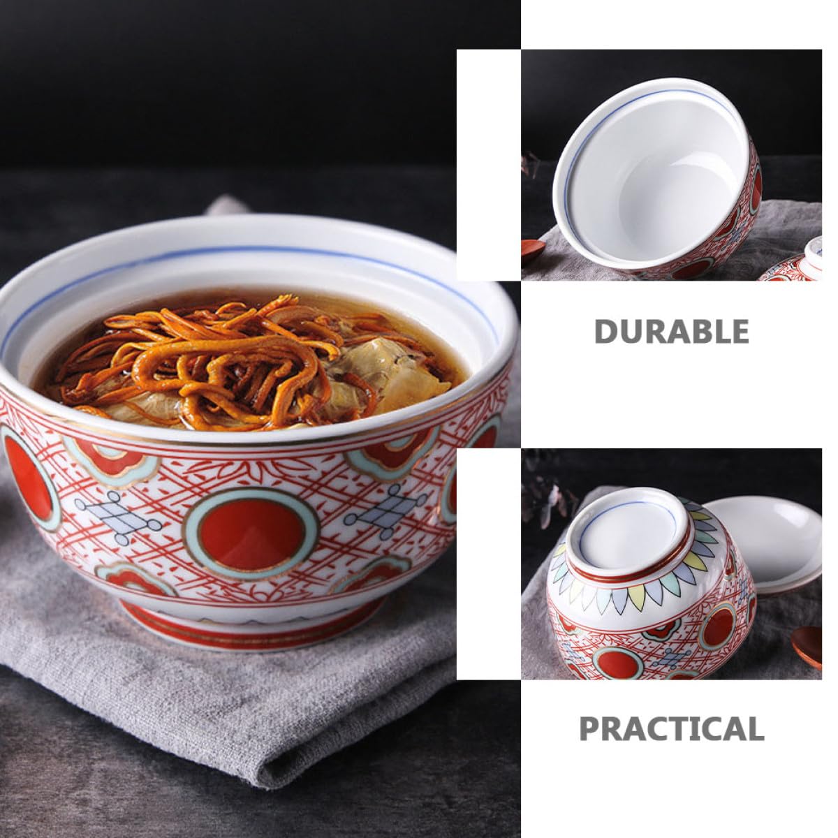 TOYANDONA Tazón de Cerámica para Sopa Japonesa con Tapa Roja, Cuenco de Cocina para Mantener Alimentos Calientes, Adecuado para Uso Doméstico y Sopas Miso o Almejas