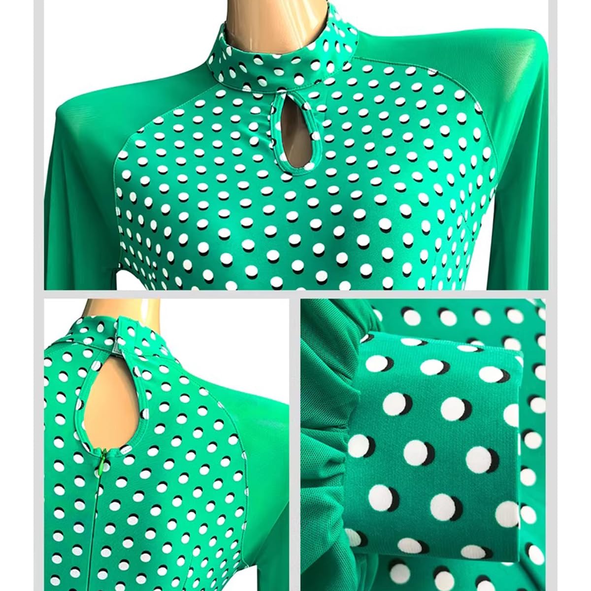 Damen Grüne Tupfen Standard Ballroom Kleid– Modernes Langärmlige Walzer Tango Tanzkleider Flamenco Wettkampf und Aufführungskleid Lyrisch Tanzkleid Gesellschaftstanzkleid