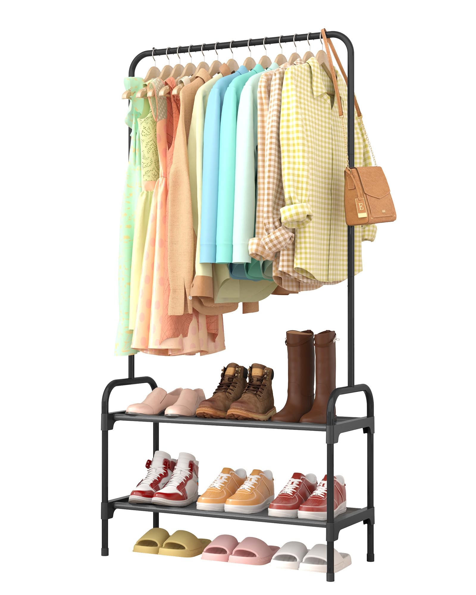Sakugi Clothes Rack fully assembled with clothes, shoes, and accessories.