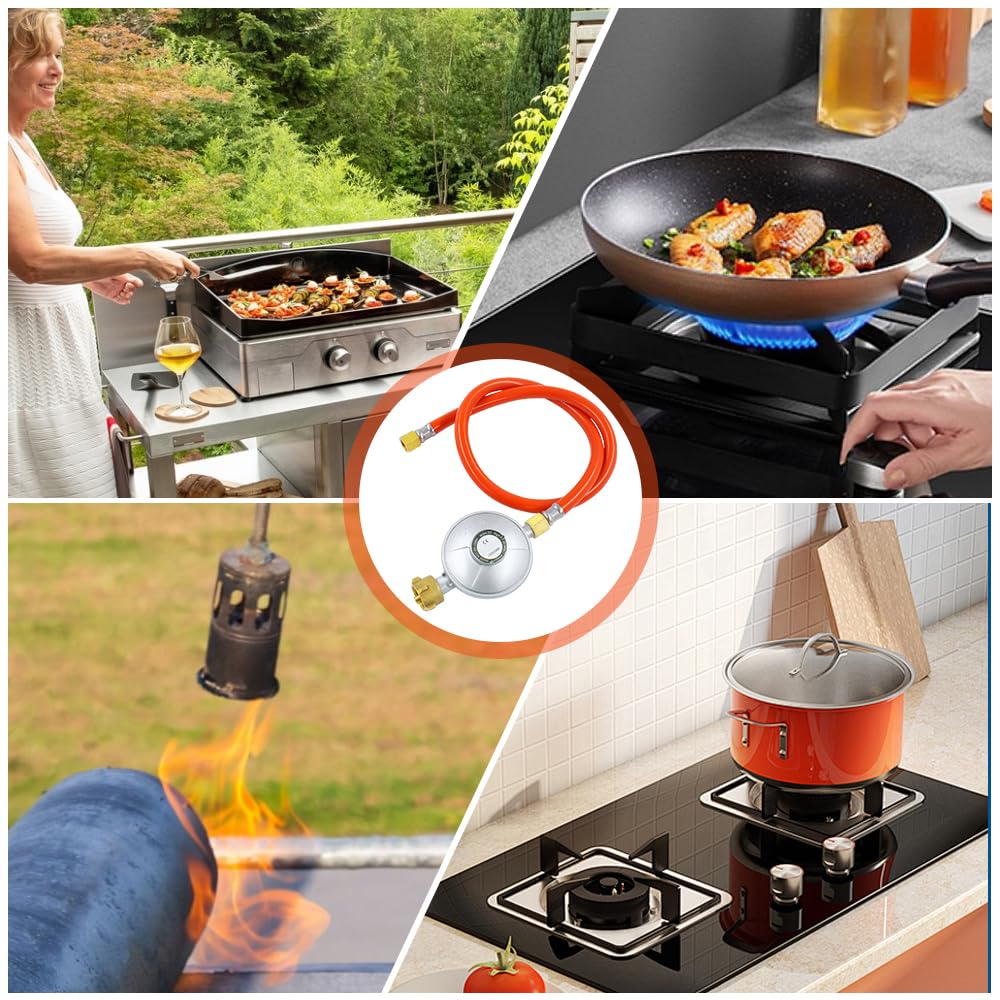 Réducteur de Pression de gaz 50mbar, Régulateur de Pression de gaz en kit avec Tuyau de gaz de 150cm de Long,pour réchaud à gaz, barbecues à gaz ou barbecues à Paella