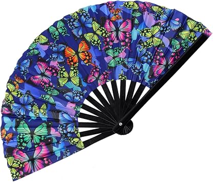Large UV Glow Rave Fan Bamboo Folding Fan, Festival Folding Hand Fan Clack Folding Fan Chinese Japanese Folding Fan for Halloween, Music Festival, Club, Dance, Party, Drag QueenButterfly