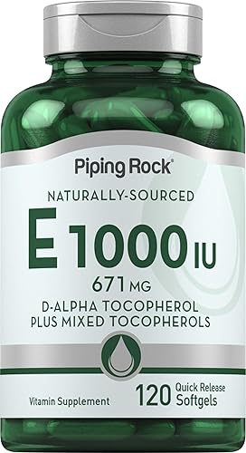 Piping Rock Cápsulas blandas de vitamina E 1000 UI 120 unidades con tocoferoles mixtos Suplemento de origen natural Sin gluten sin OMG