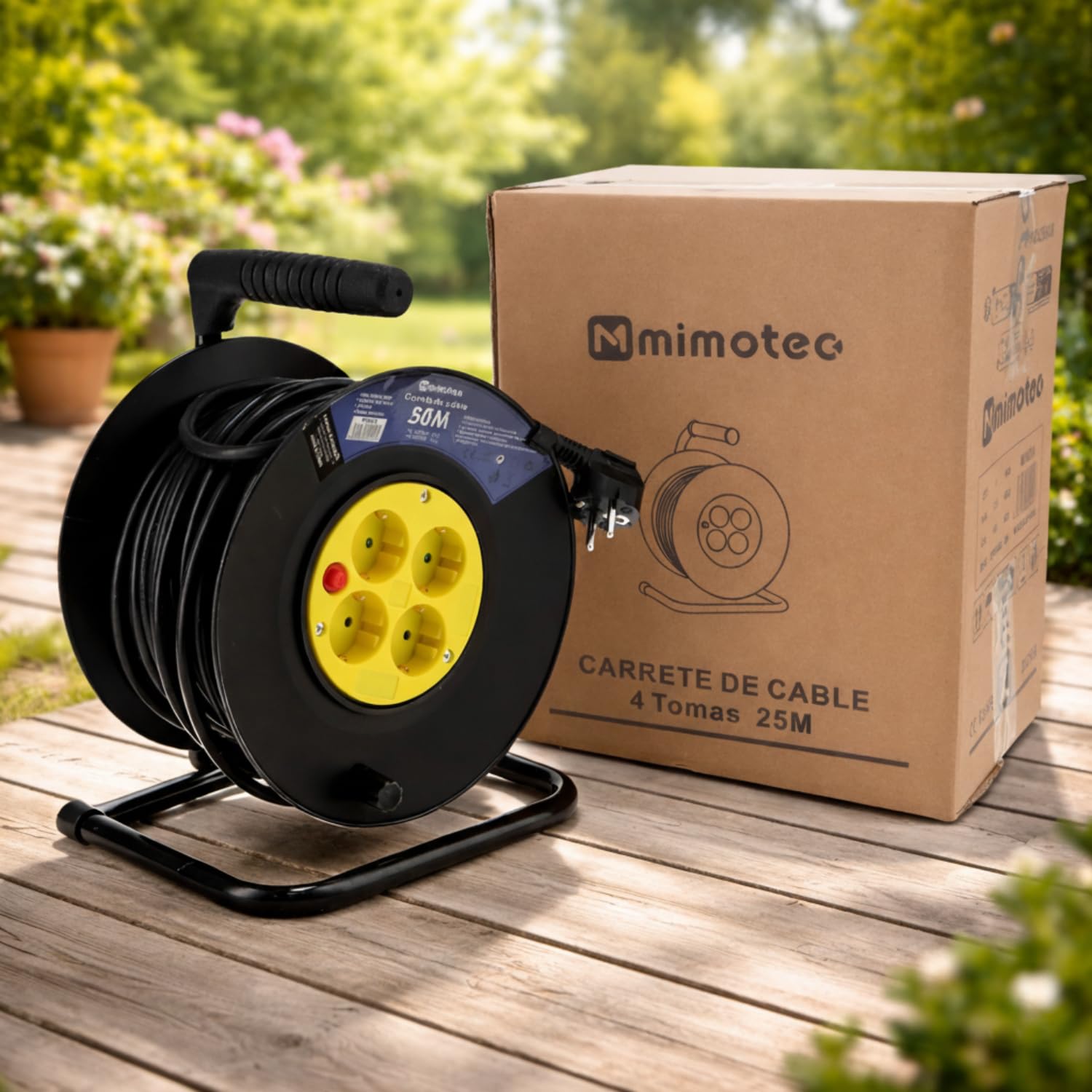 M mimotec - Zewnętrzny zwijacz kabla 50 m 4 gniazda 3200W 16A | Kabel H05VV-F 3G1,5 mm² | Ochrona dzieci | Przedłużacz elektryczny do ogrodu, garażu i warsztatu