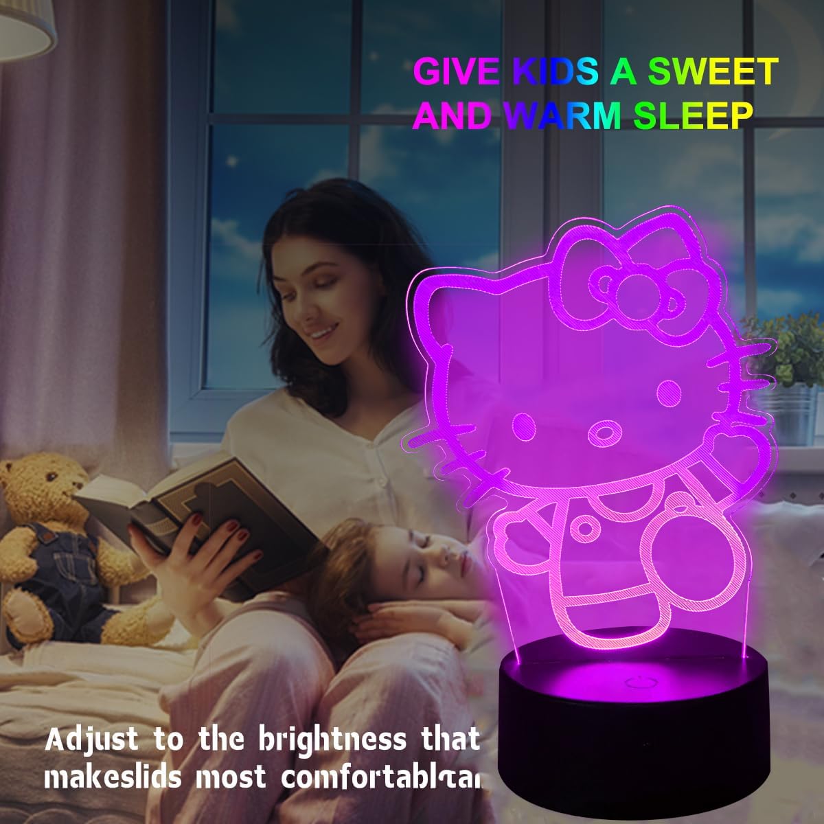 Lampara Gato, Kitty Accesorios 3D Tridimensional Luz Quitamiedos Infantil, Control Táctil Inteligente 7 Colores LED Lámpara Cabecera, Adecuado Para Niños Y Niñas Regalo Cumpleaños, Regalo Navidad