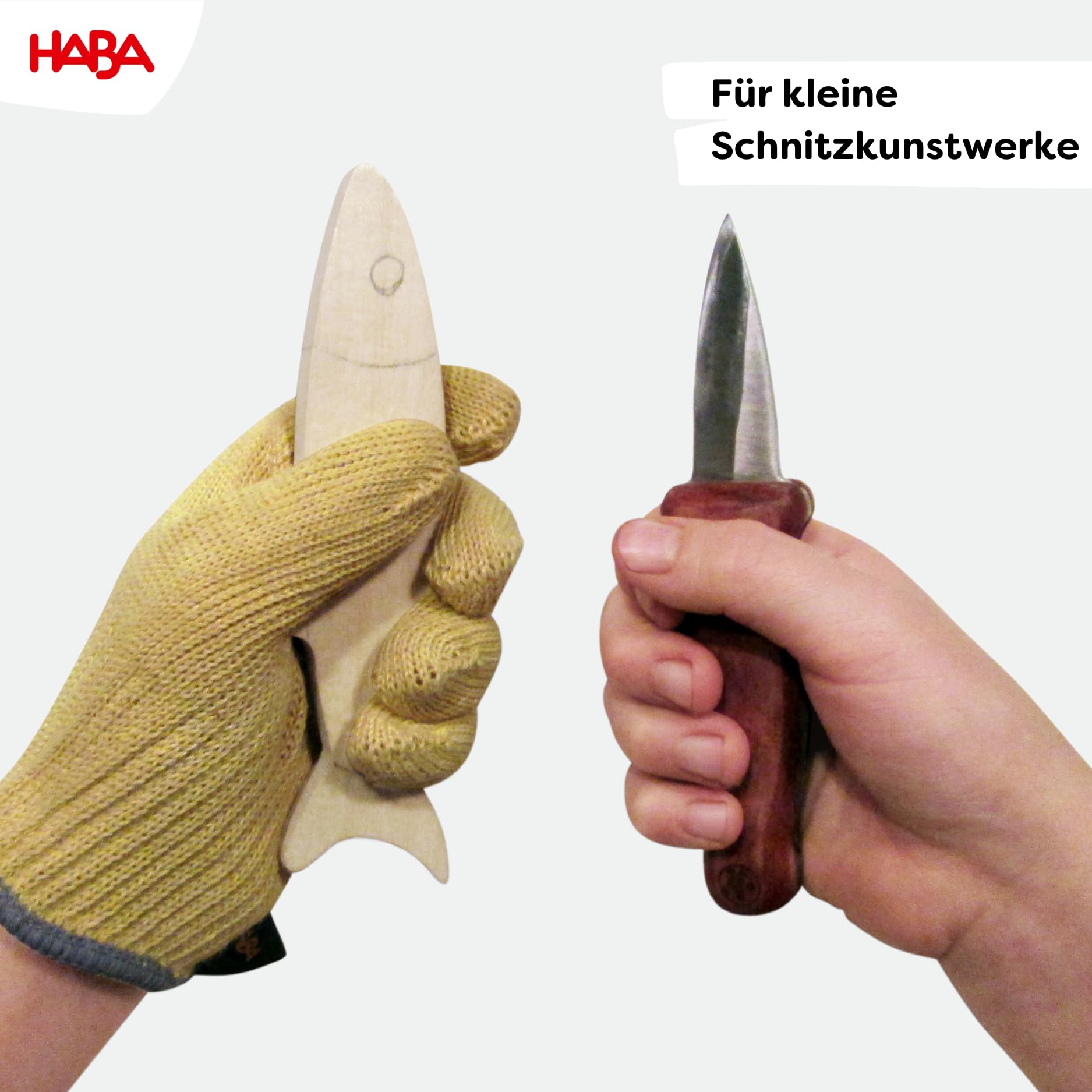 HABA Terra Kids Schnitzmesser – Taschenmesser-Set für Kinder ab 6 Jahren – inkl. Handschuhen, Schnitzrohling & Messer-Etui – 1302622001