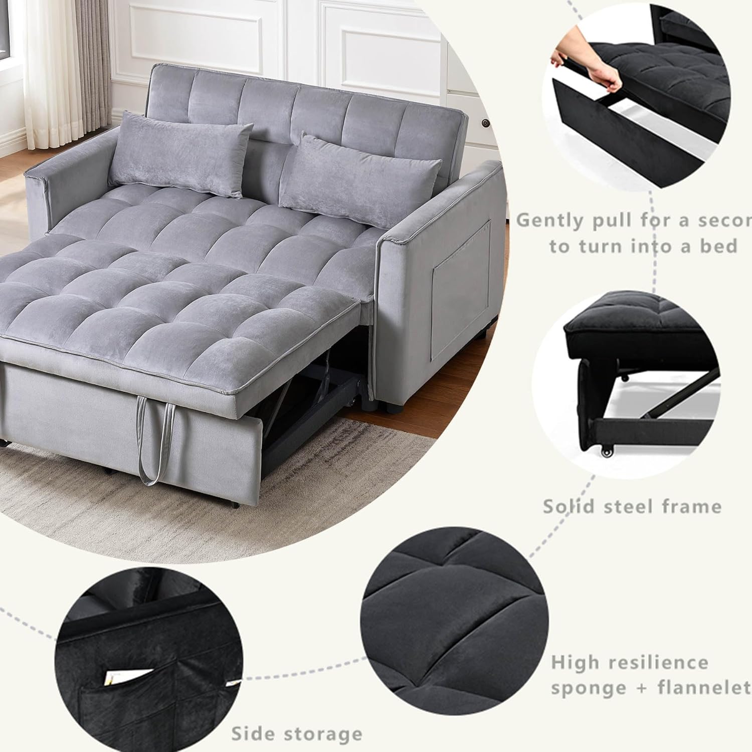 Modern Velvet Loveseat Futon Sofa Bed - 3-in-1 Convertible Sleeper with Reclining Backrest, Toss Pillows & Storage Pockets, Small Space Friendly Lounge Couch for Living Room/Guest Room, (Light Gray)