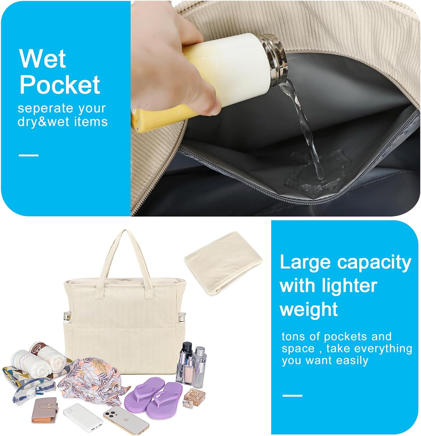 Bluboon Beach Bags for Women, Large Waterproof Tote Bag With Wet Compartment for Pool Weekender Travel Gym - Image 5