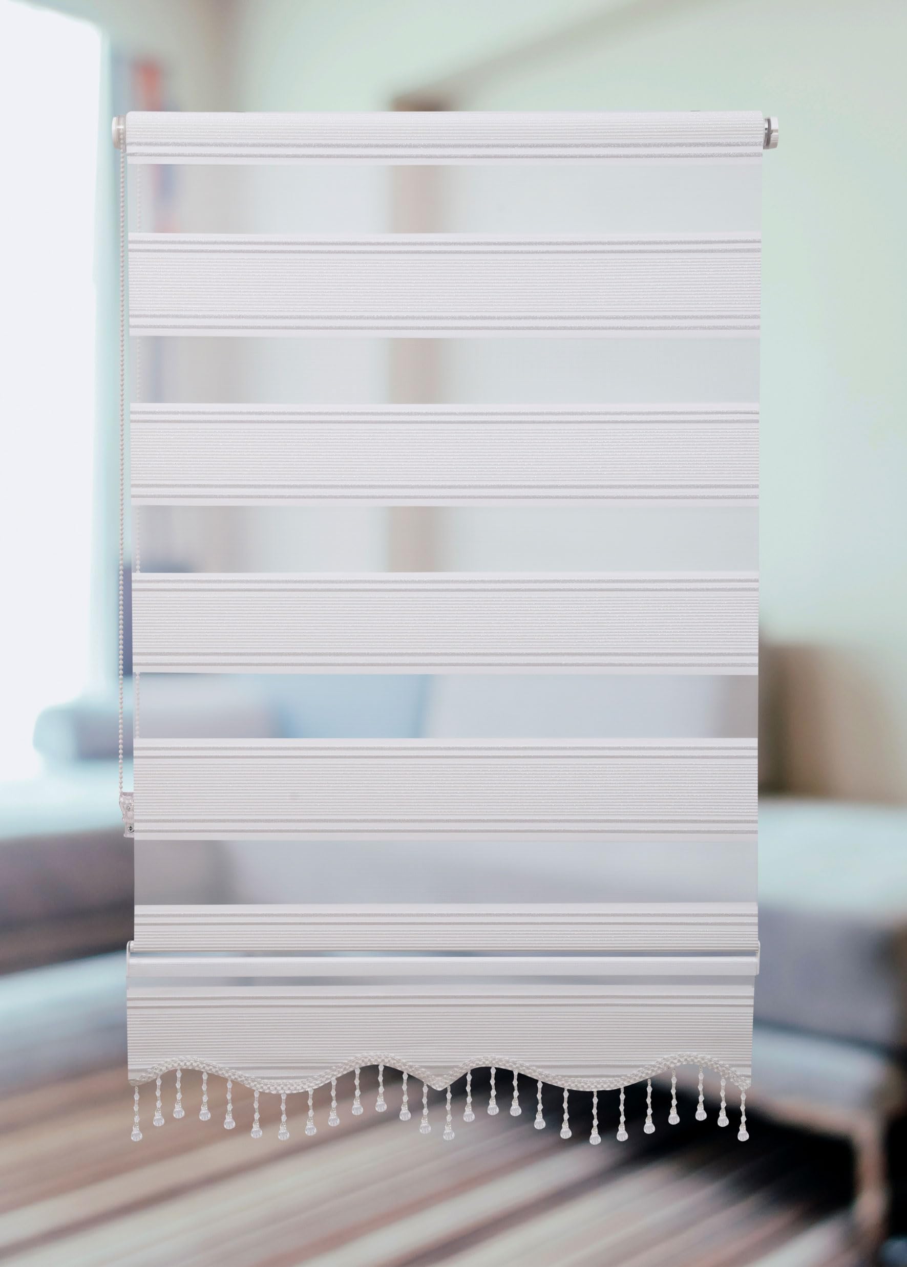 PlisseeOnline Doppelrollo Klemmfix ohne Bohren Weiß Silber Glitzer mit Perlen Duo Rollo für Fenster und Türen Plissee Rollo Gardine 120 x 150 cm Blickdicht Klemmrollo mit Perlen Seitenzugrollo