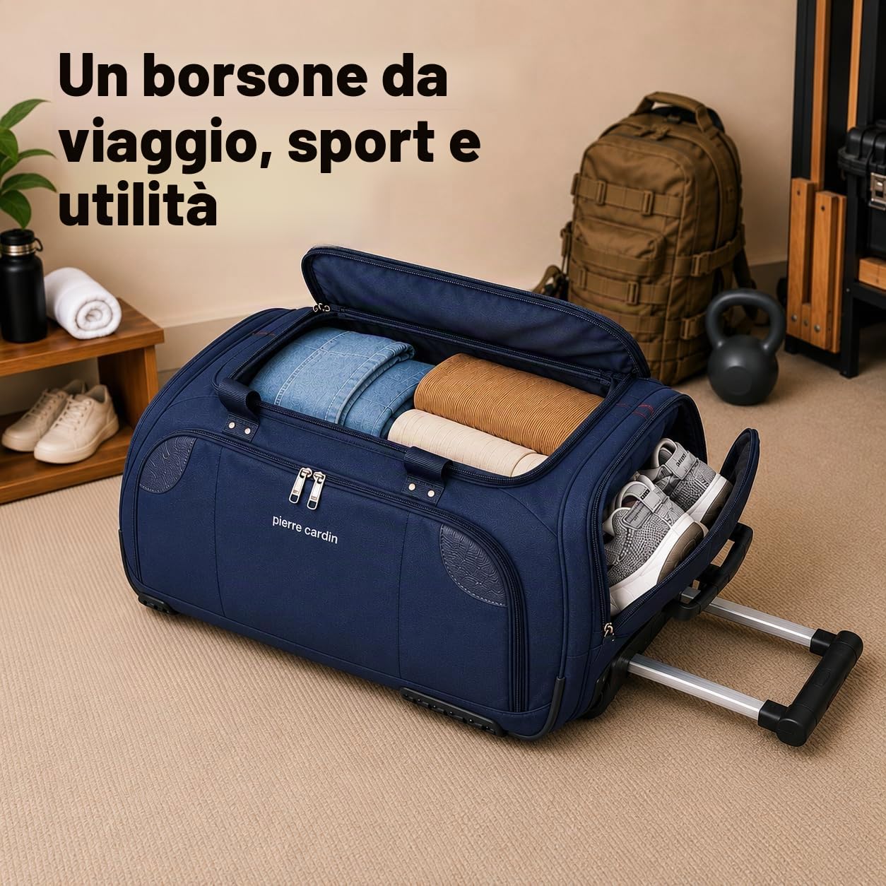 Pierre Cardin CL769 - Borsone leggero e grande con rotelle, resistente alle sollecitazioni, con rotelle e opzioni di trasporto, borsa da viaggio con ruote, Nero, Medium Navy 26", Custodia a rullo