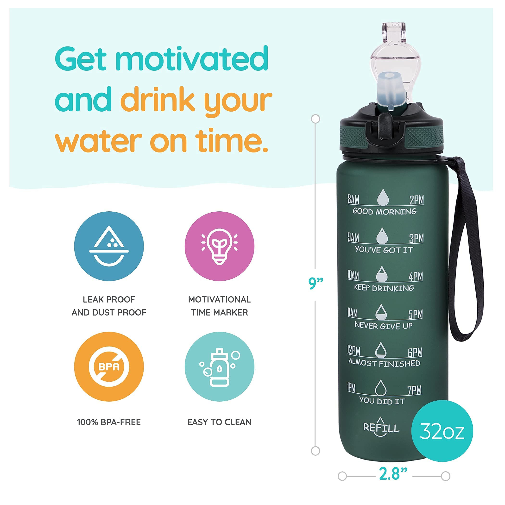 SOLARA Unbreakable Water Bottle 1 Litre with Motivational Time Marker, Leakproof Durable BPA-Free Non-Toxic Water bottle for office,Water bottle for gym | Detoxing eBook included | Hunter Green 4