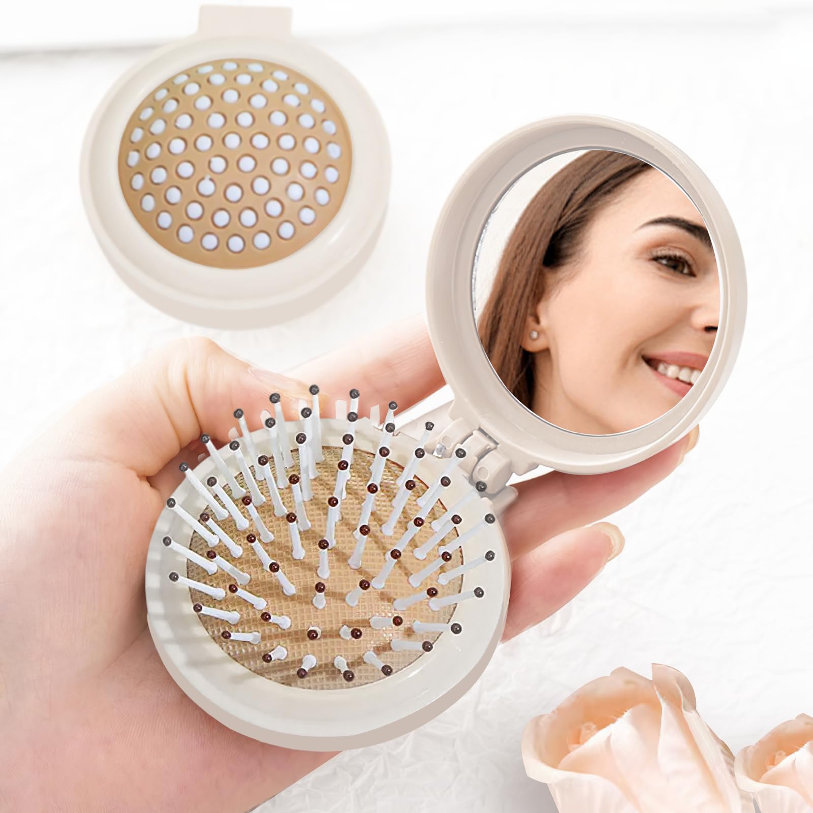 1Pcs Portable Comb and Mirror Compact Travel Grooming Accessory for Women Mothers Wives Lovers Pockets Makeup Mirror Brush(White)