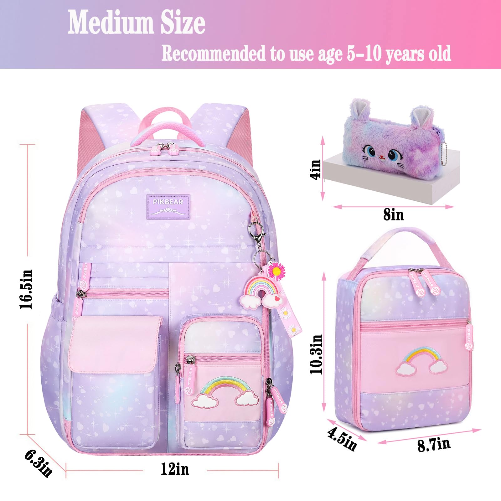 Jcobvig 3Pcs Kids Backpack For Girls,Cute Rainbow Student School Backpack With Lunch Bag Pen Bag Set (Purple Medium 16.5in
