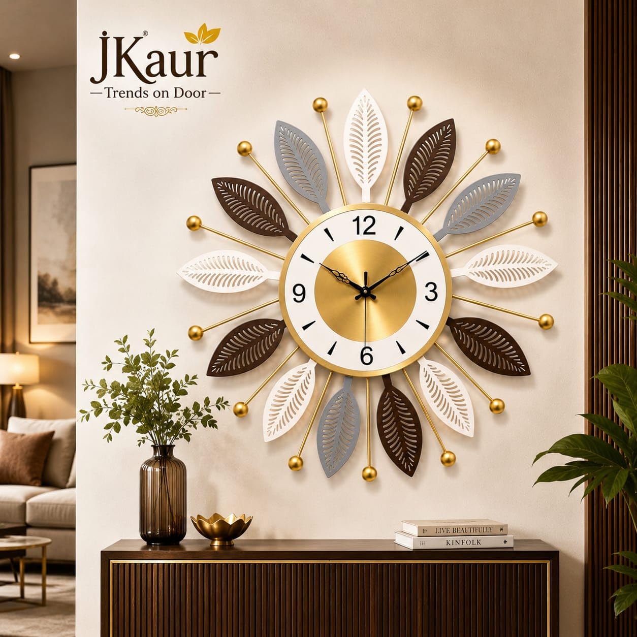 JKaur Decor Premium Metal Wall Clock for Home | 3D Golden Floral Leaf Design | Silent Sweep Non-Ticking Movement | 60 cm Large Designer Wall Clock for Living Room, Bedroom & Hall-image-40