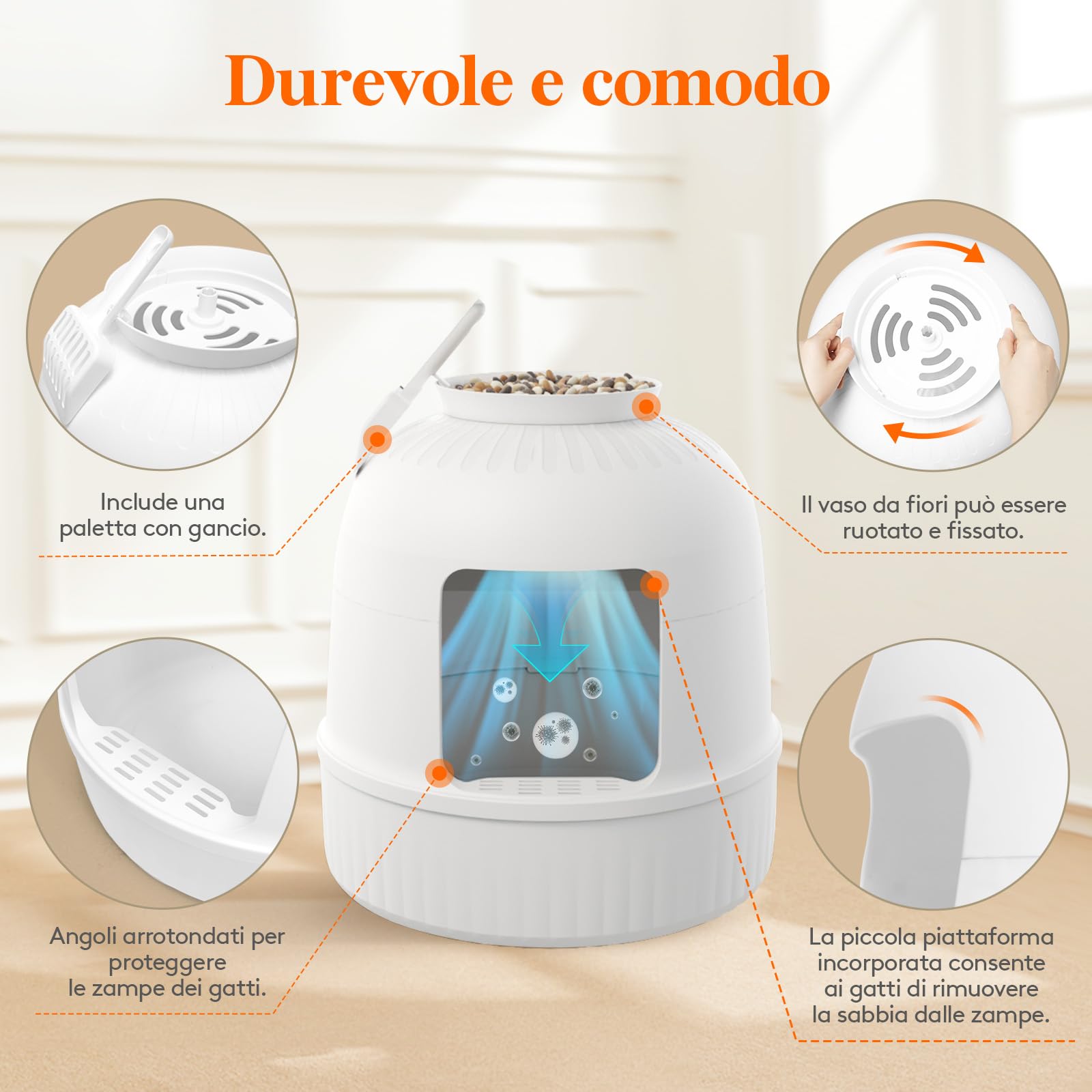 Lifewit Lettiera Gatto con Deodorante e Filtro a Carboni Attivi, Toilette per Gatti per Soggiorno, Camera da Letto e Angoli, Lettiera a Forma di Vaso con Pianta Finta e Paletta, 48 x 120 cm, Bianco