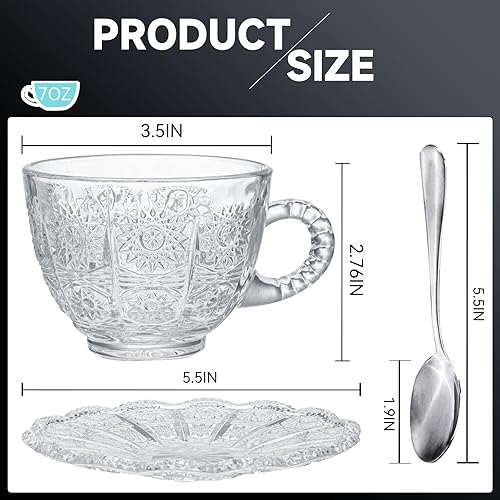 Miniatura 2 de Juego de 6 tazas de té y platillos de vidrio, tazas de café vintage con cuchara de acero inoxidable, aptas para lavavajillas y microondas, para jugo