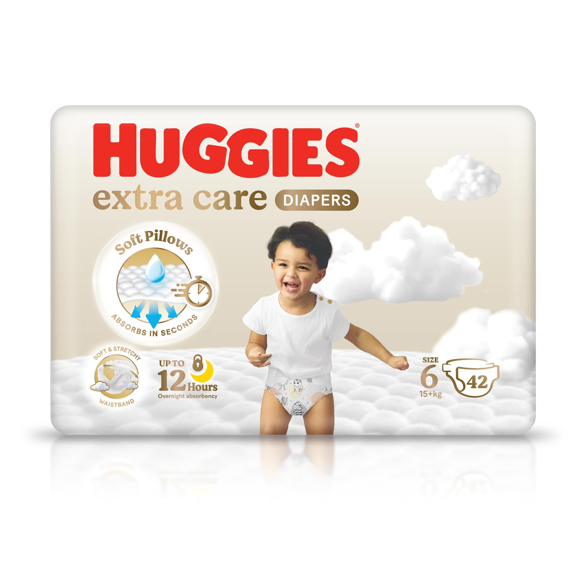 Huggies Extra Care Jumbo Pack Size 6 (42 Diapers) – Soft Taped Diapers for the Largest Babies with High Absorbency, Wetness Indicator and Overnight Leak Protection, Value Pack