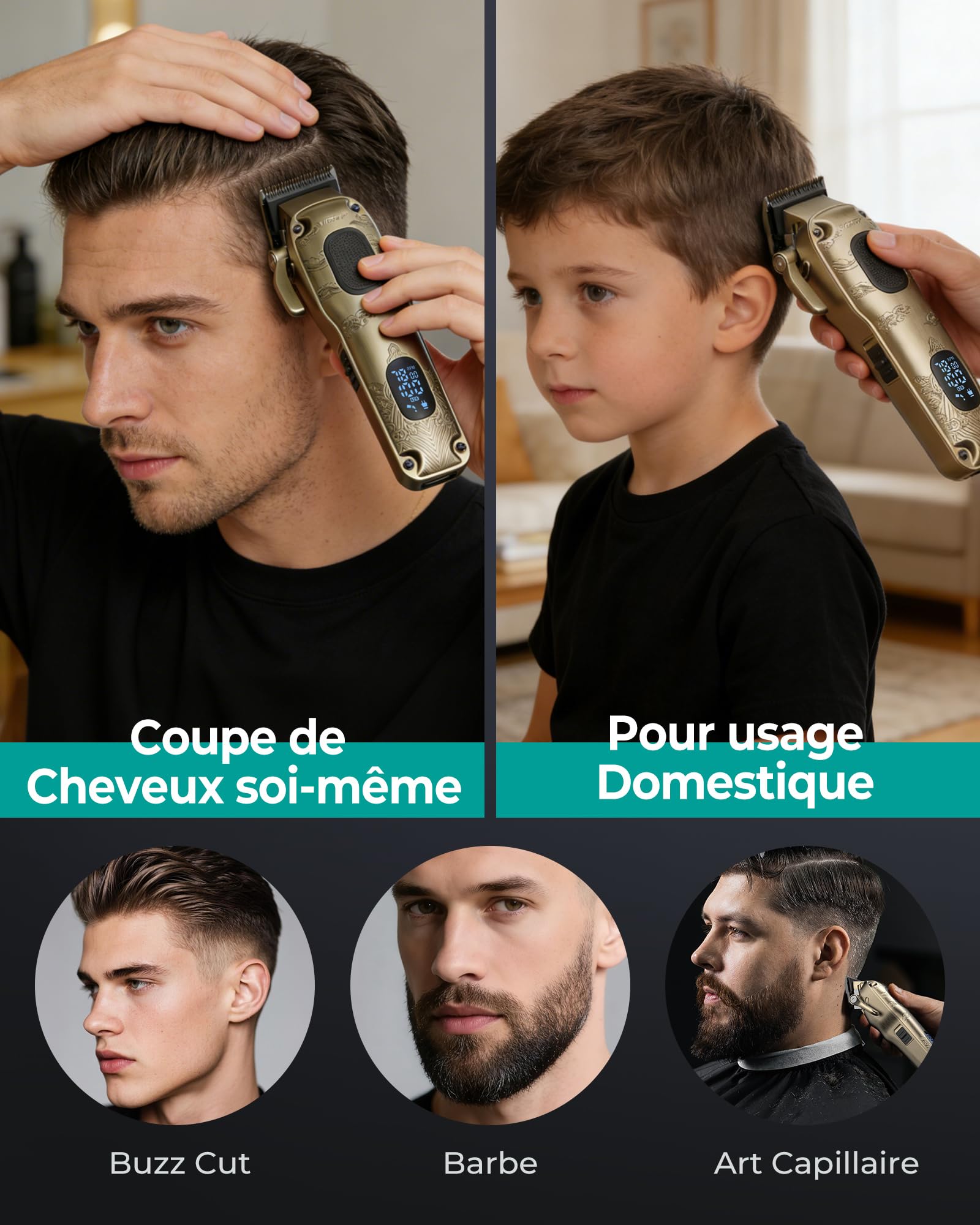 VGRPRO Tondeuse Cheveux Hommes Professionnel, tondeuse homme sans fil avec étui, Électrique kit de coupe pour maison & coiffeur, écran LED, cadeau homme (Gloden)