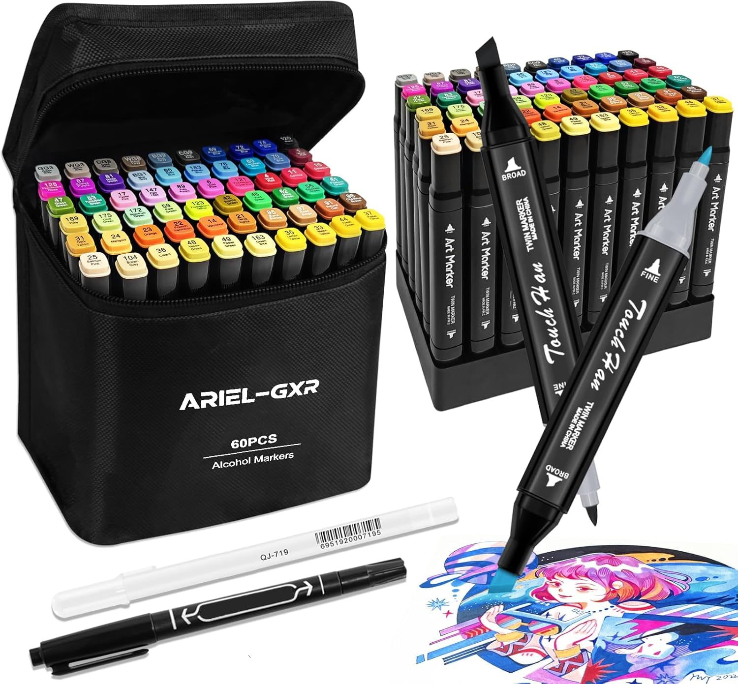 ARIEL-GXR Alcohol Markers, 60 Colored Marker Pens, Colouring Pens with Carrying Case and Storage Base, Felt Tip Pen for Drawing, Sketching, Anime, Manga, Permanent Marker Set for Adults and Kids