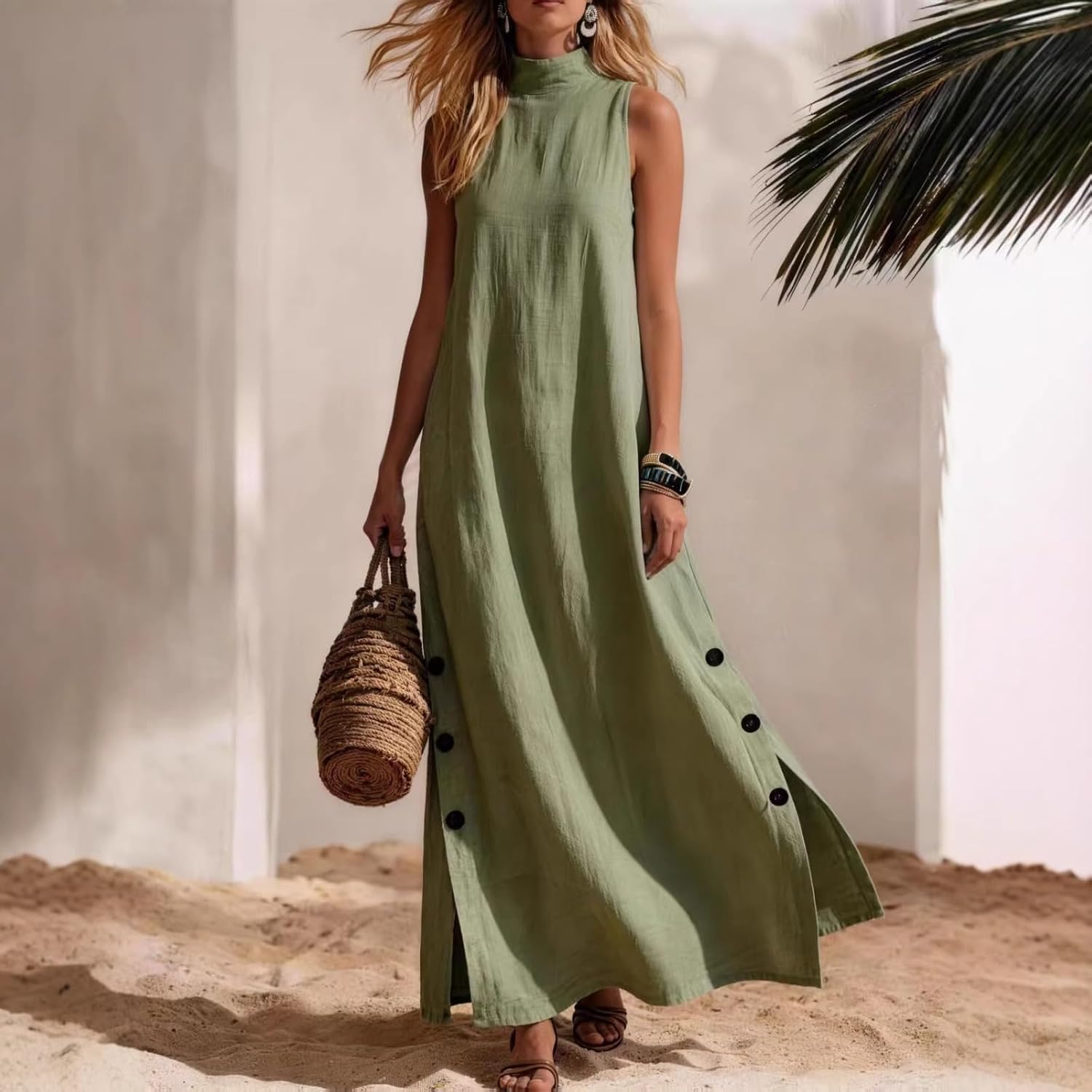 Aoleaky Women's Side Slit Sleeveless Linen Midi Dress, Beach Vacation Casual Dress