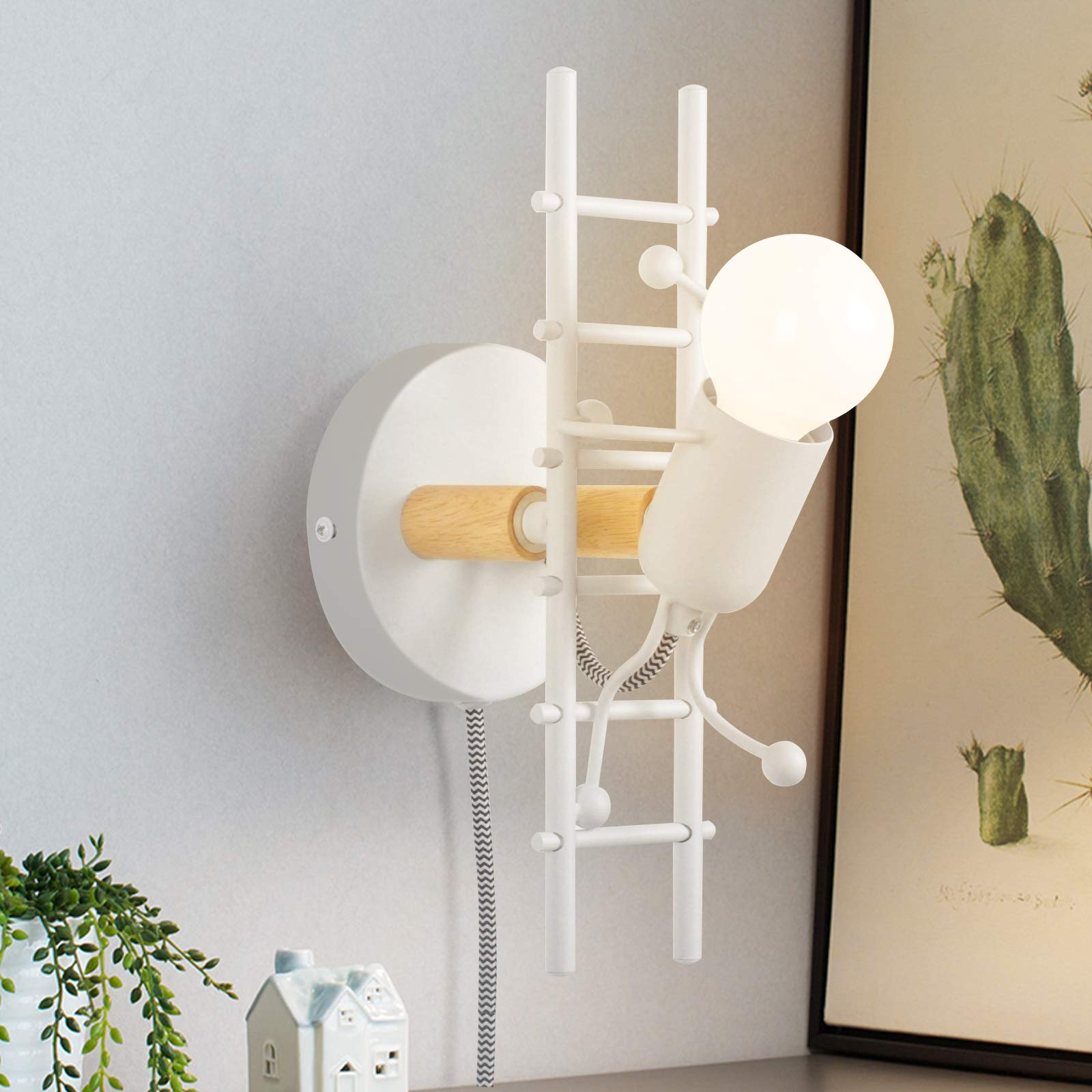 LUSTORM 1 Wall Lamp Sconce Decorative for Living Room Hallway Modern White Wall Lights Fixture Stairs Design with Plug in Cord Metal E27 Holder Base for Bedroom Kids