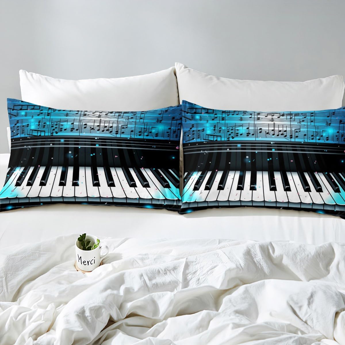 Feelyou King Size Piano Bed Sheets Boys Girls Musical Sheet Set for Kids Music Theme Bed Set Blue Sheets 4Pcs,1 Fitted Sheet+2 Pillow Sham+1 Flat Sheet