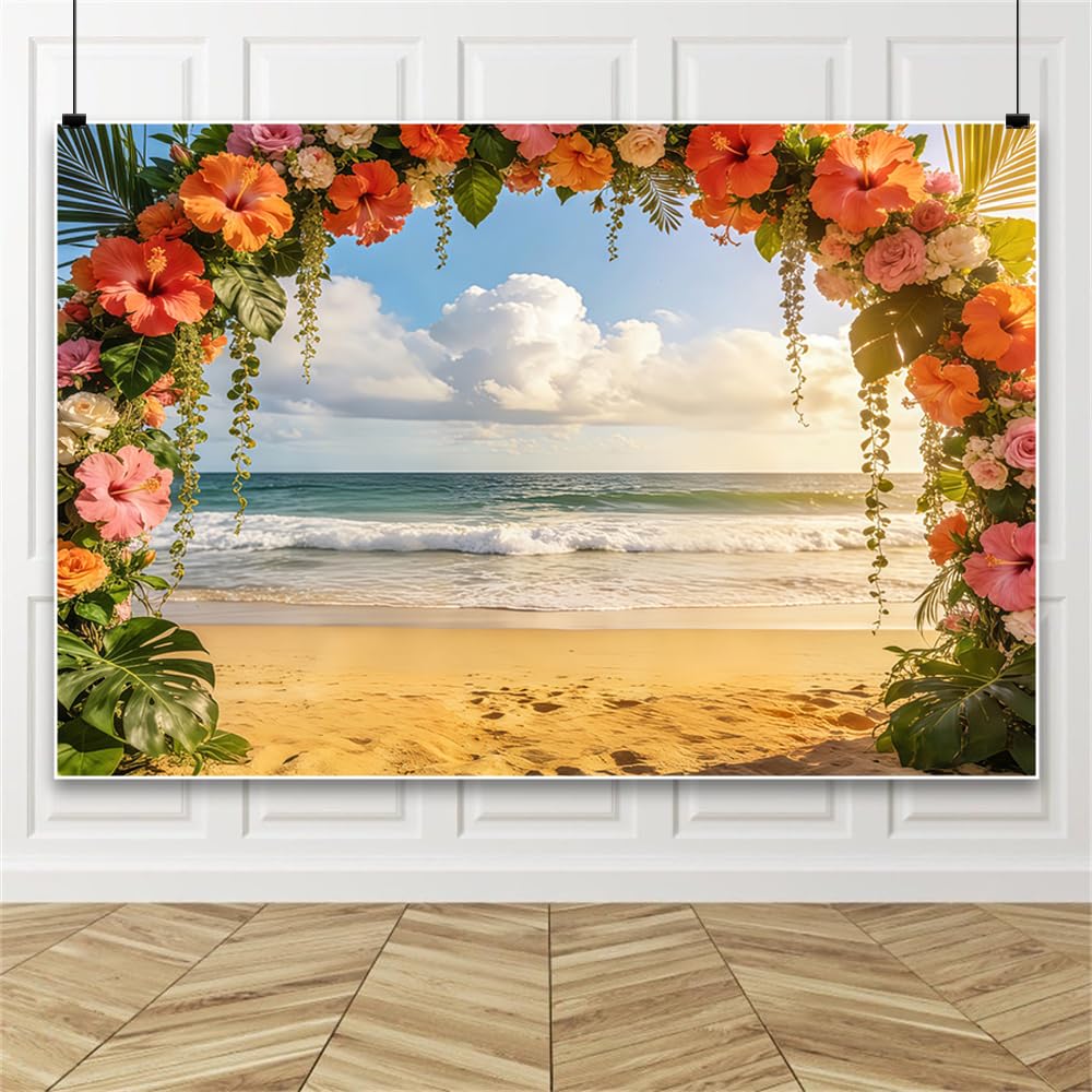 3 x 2,5 m tropikalny hibiskus, łuk kwiatowy, plażowy, styl ślubny, z pomarańczowymi różowymi kwiatami nad falami morskimi, tło do hawajskiej fotografii letniej