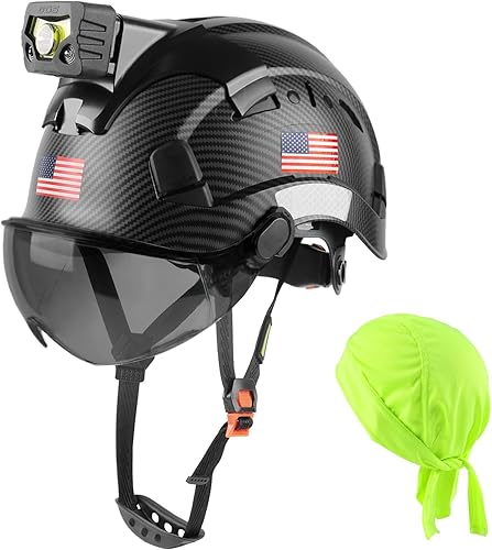 GREEN DEVIL Casco de seguridad con luz recargable para faros delanteros y forro para casco, correa para barbilla, para hombre, ventilada, para