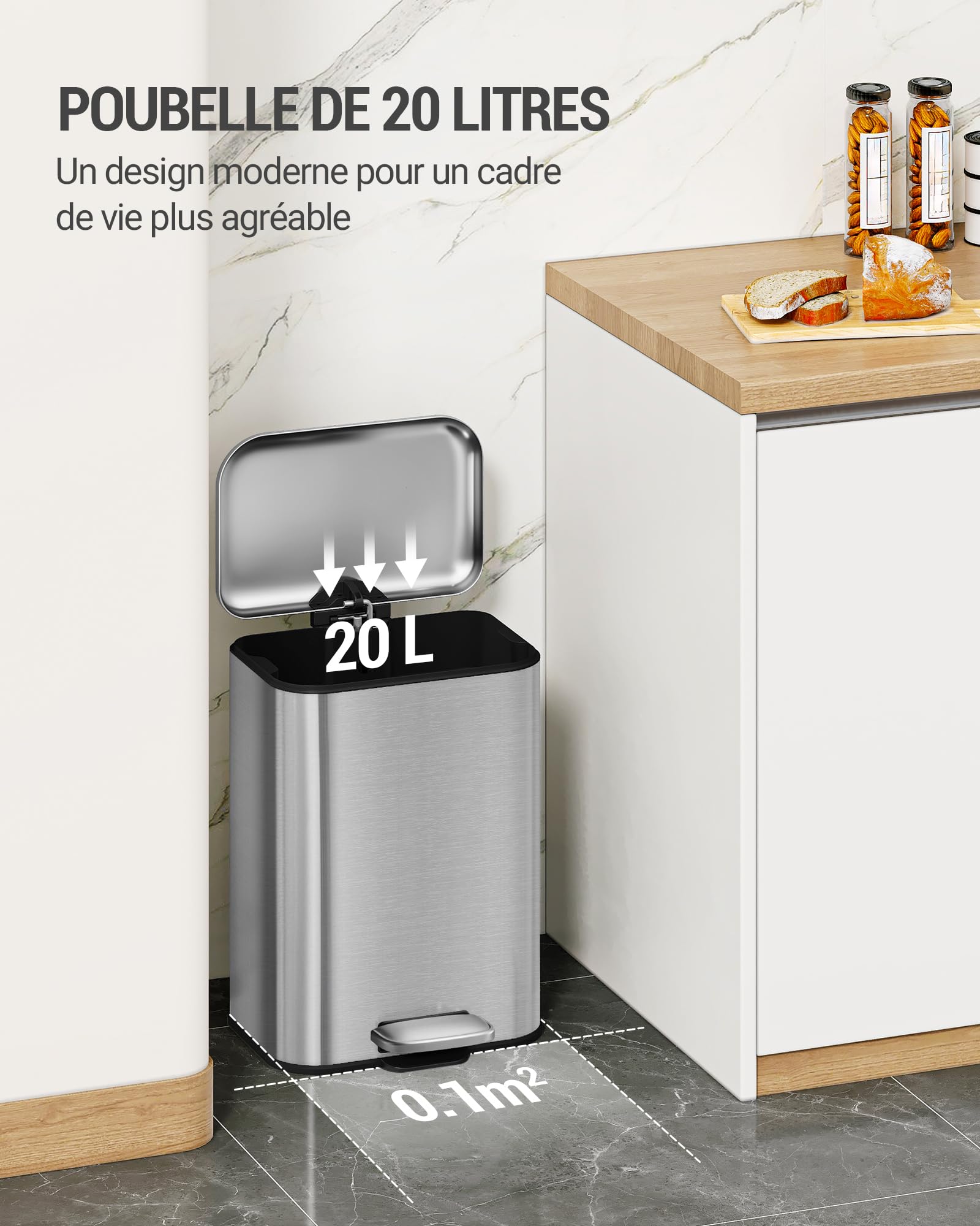 Hzuaneri Poubelle de Cuisine 20L, Poubelle Bureau, avec Pédale, avec Couvercle à Fermeture en Douceur, en Acier, Seau Intérieur, avec 15 Sacs Poubelles, Argent SW12099B