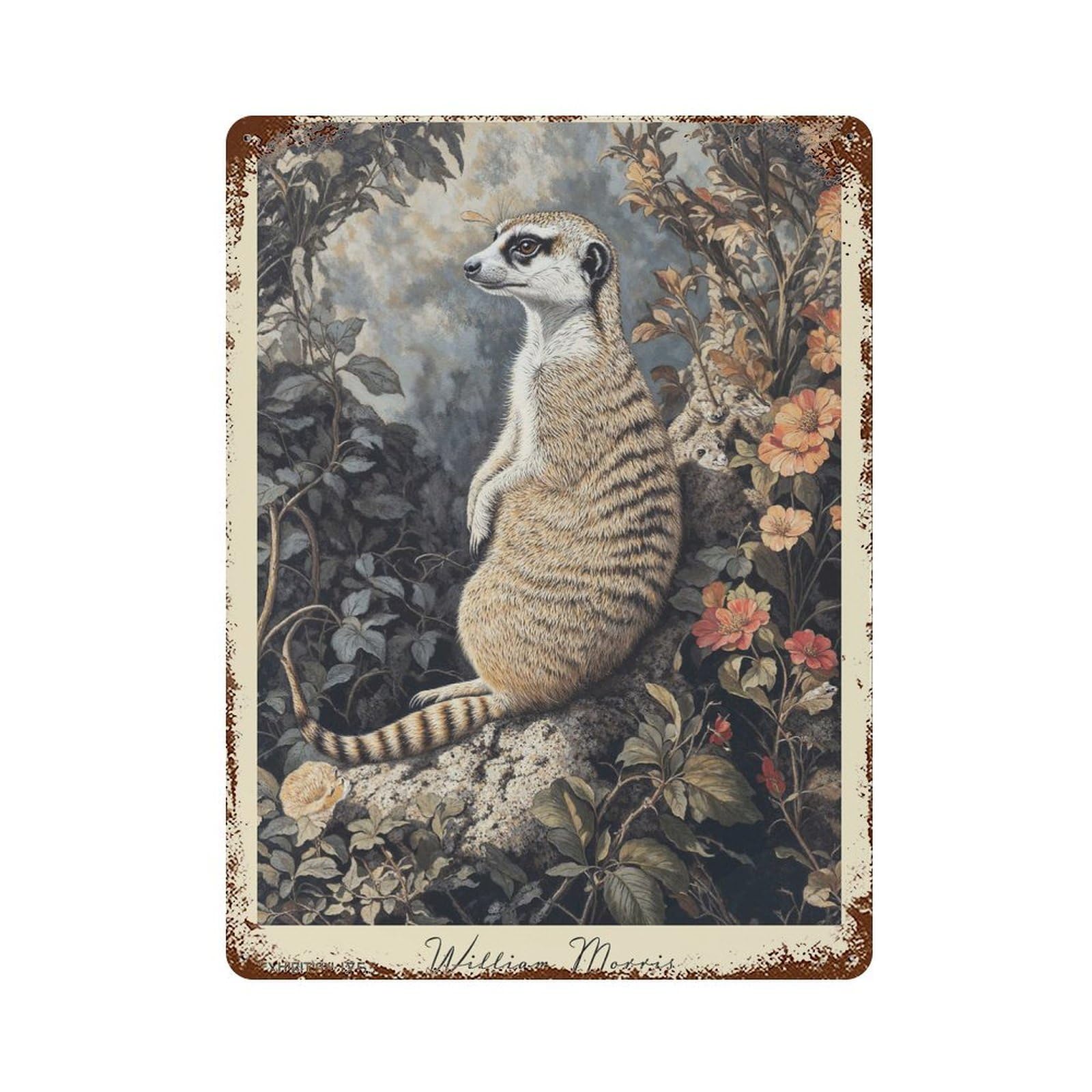 William Morris Meerkat Botanical 15.7"x11.8" Distressed Metal Wall Sign, Shabby Chic Decor for Shed, Workshop And Garage Wall Decor