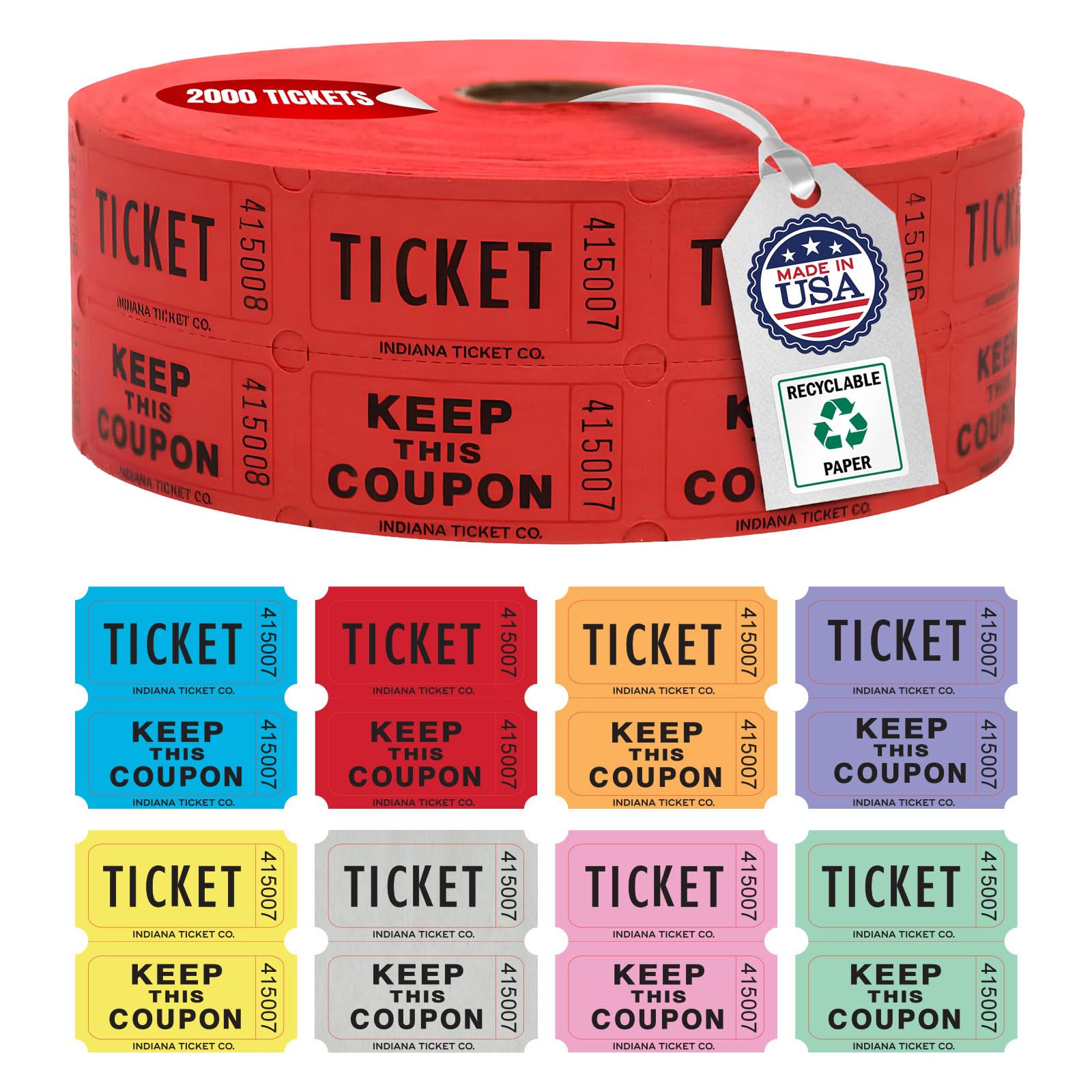 INDIANA TICKET CO. 2,000 Red Raffle Tickets Double Roll, Premium Quality 50/50 Raffle Tickets, Tickets for Events, Carnivals, Door Prizes, Drinks and More