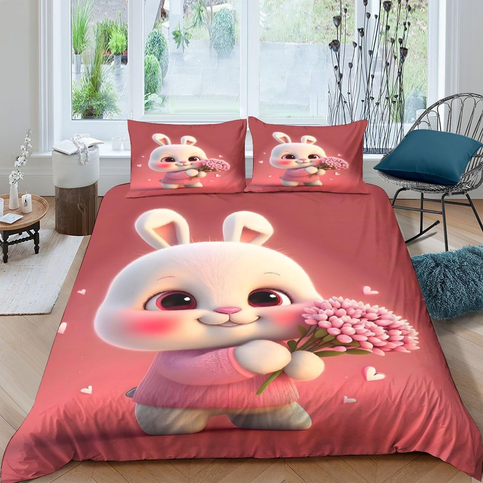 Ctjqhvkz Style-8 3D Printed Cute Bunny Fitted Sheet Microfiber Pink Cartoon Rabbit Bed Cover Anti-Slip Machine Washable For Bedroom Guest Room Single（135X200cm）