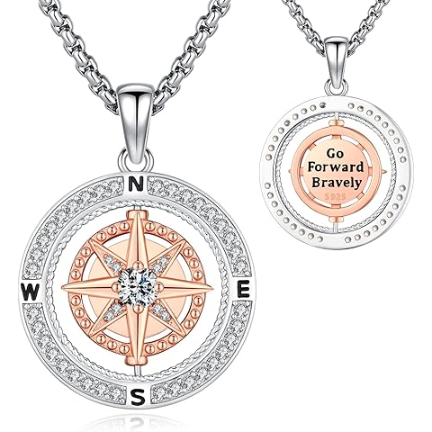 Compass Necklace Sterling Silver Classic Celtic World Map Rotatable Compass Pendant...