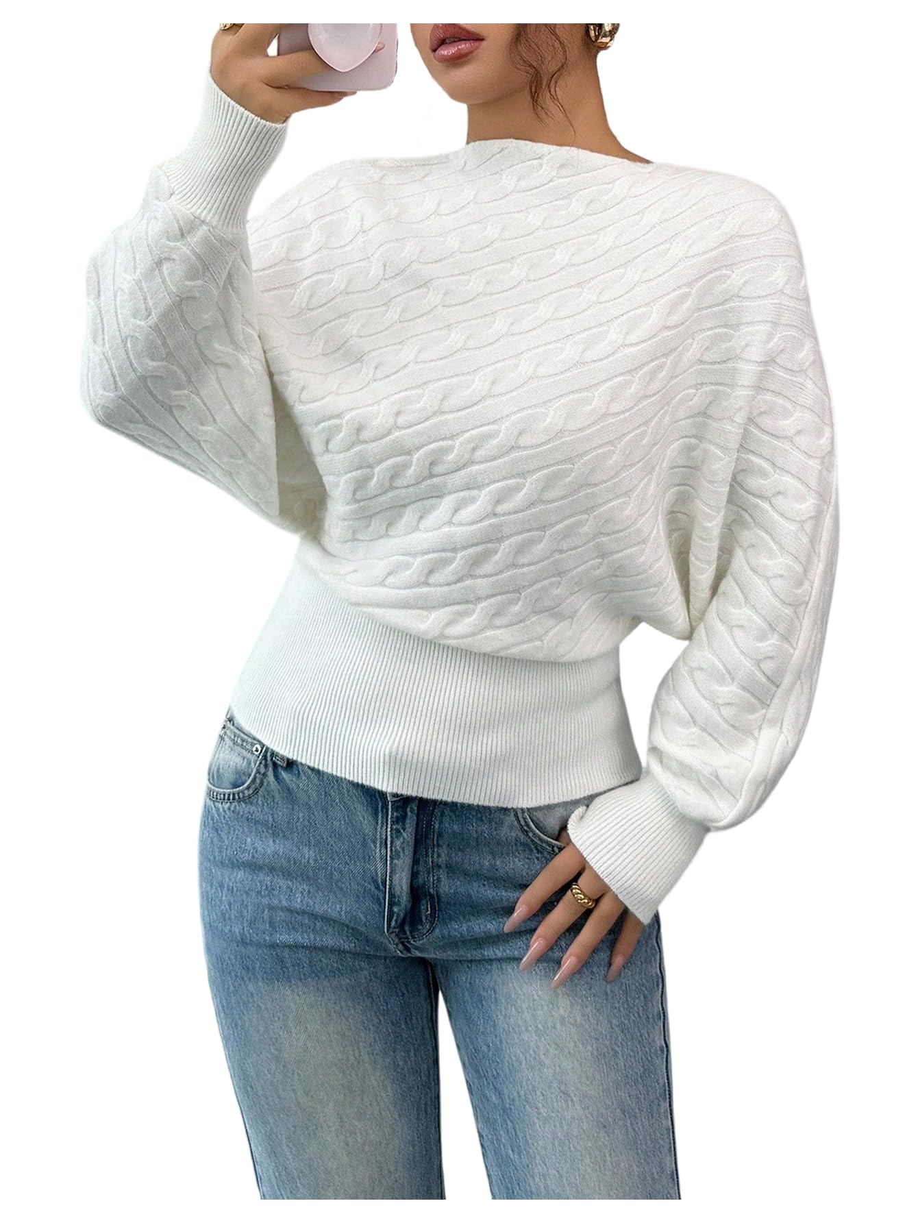 Verdusa Womens Cable Knit Sweaters Cinched Waist Tops Pullover Sweater Elegant Spring Fall Clothes
