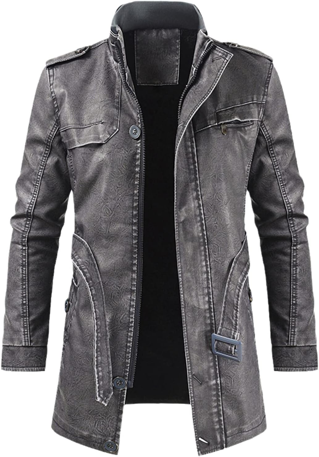 Men Winter Long Thick Fleece Leather Parkas, Outfit Warm Casual Vintage Faux Leather Jacket Coat