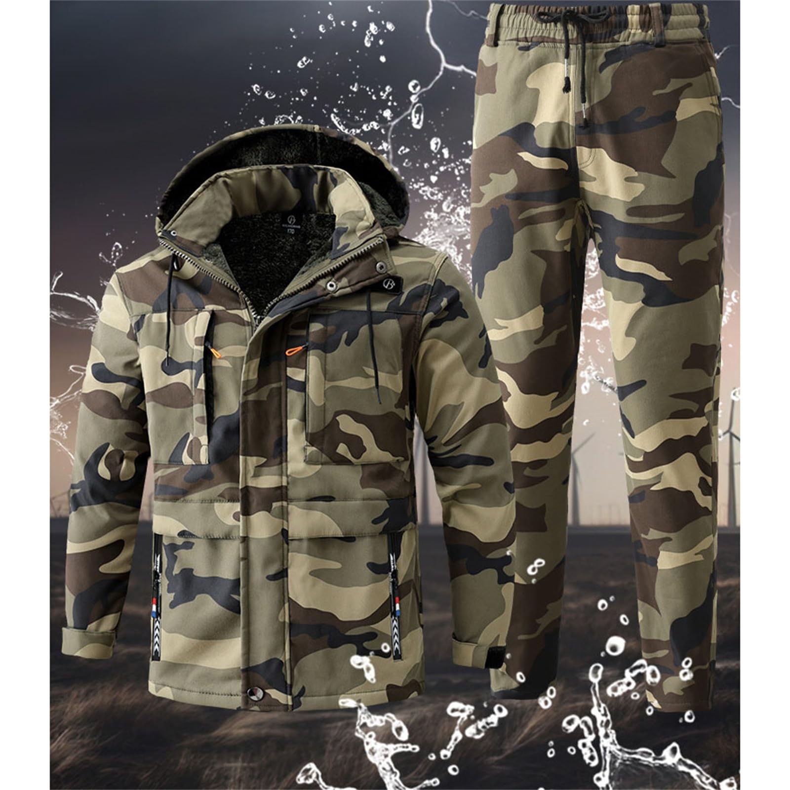 Set Tute Da Sci Da Uomo, Set Di Tute Da Sci In Due Pezzi Mimetiche Alla Moda Impermeabili Antivento Calde E Calde, Set Giacca E Pantaloni Coibentati Con Cappuccio, Per Pesca