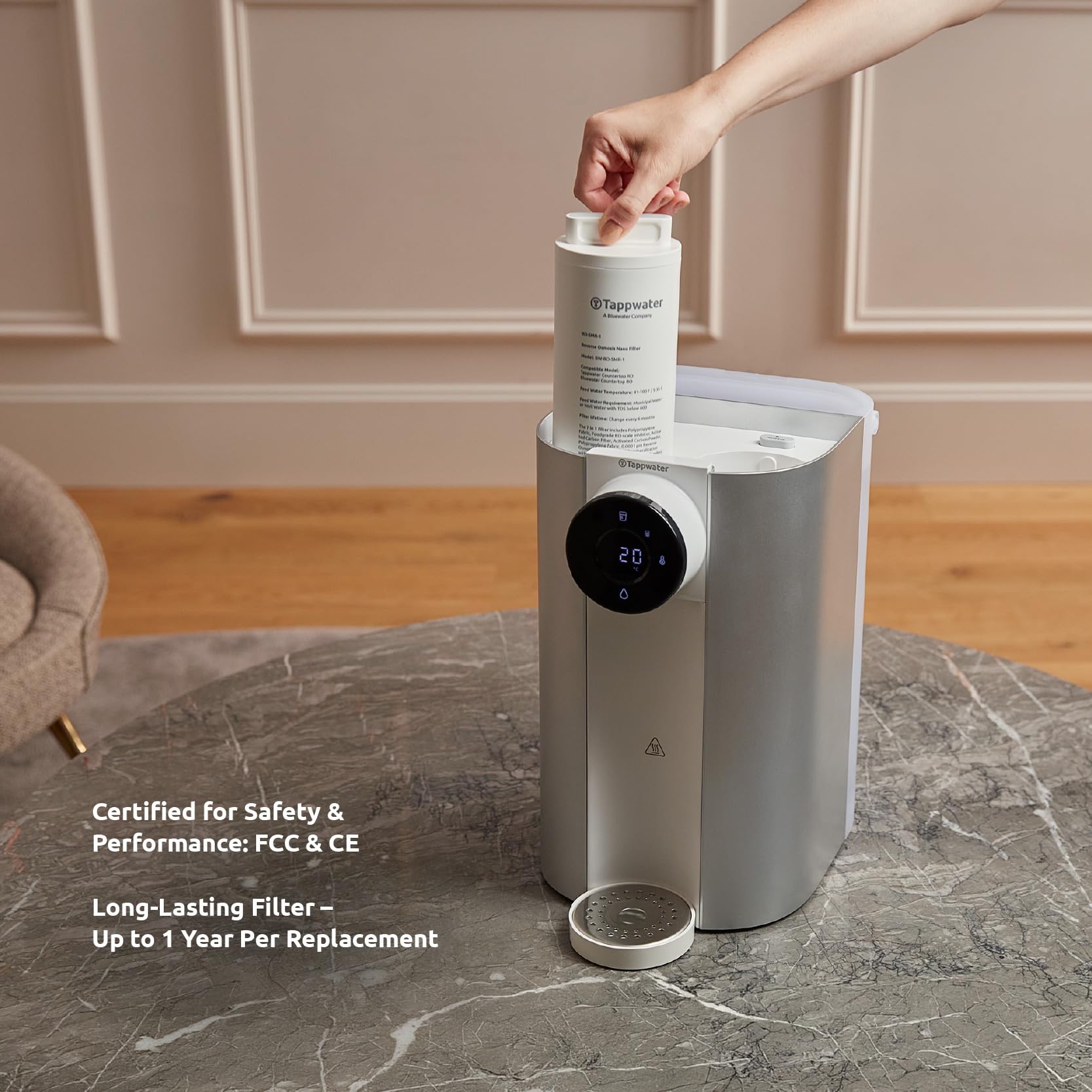 Tappwater Countertop RO SMR, Sistema di osmosi inversa da banco premium, Filtro per l'acqua con mineralizzazione, Erogatore di acqua calda e fredda, 12 L/H, Depuratore d'acqua senza installazione