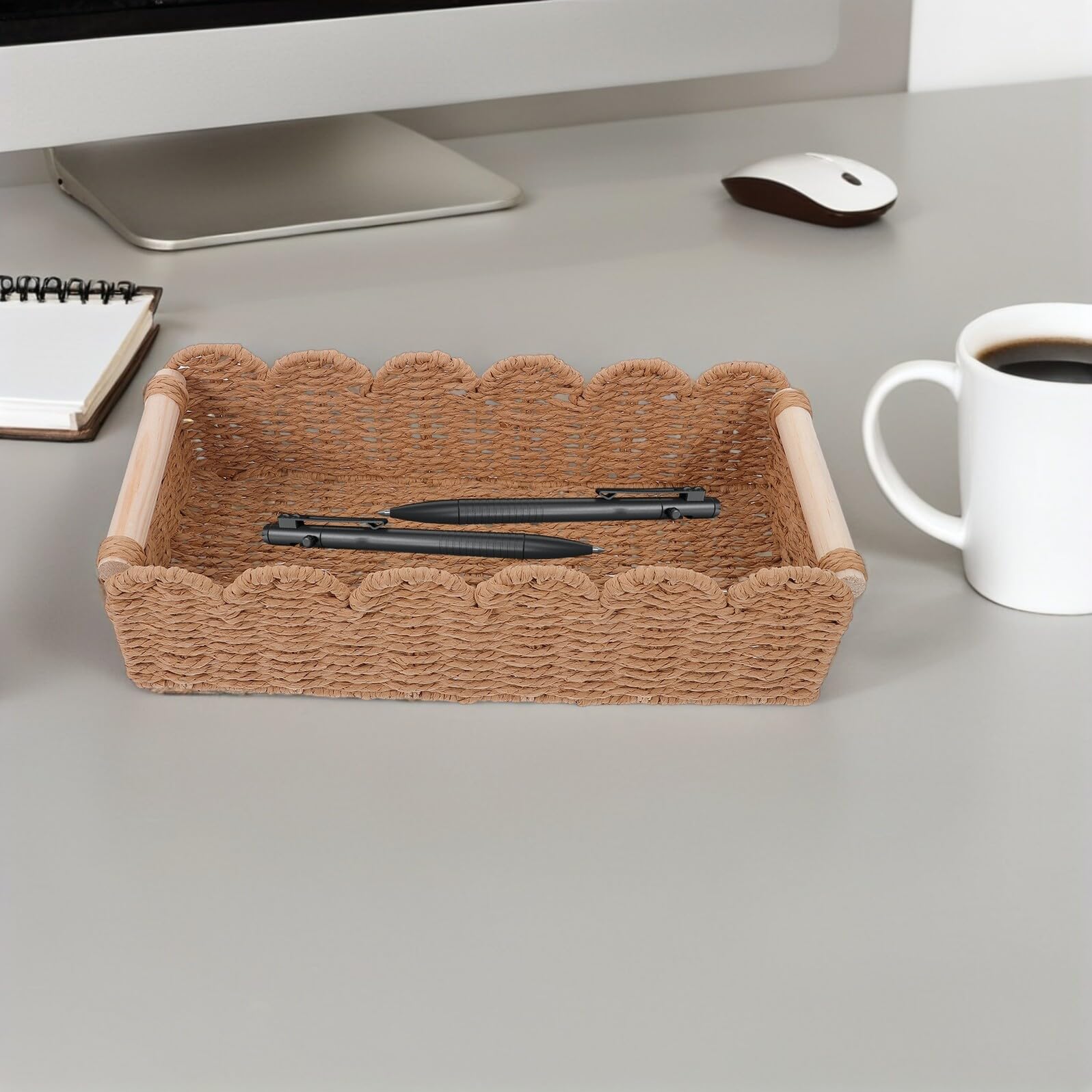 Cesta de Almacenamiento para Papel Higiénico con Borde Festoneado y Asas de Madera, Cesta Grande y Pequeña de Cuerda de Papel Tejida, Organizador Decorativo para Baño y Estante, 2