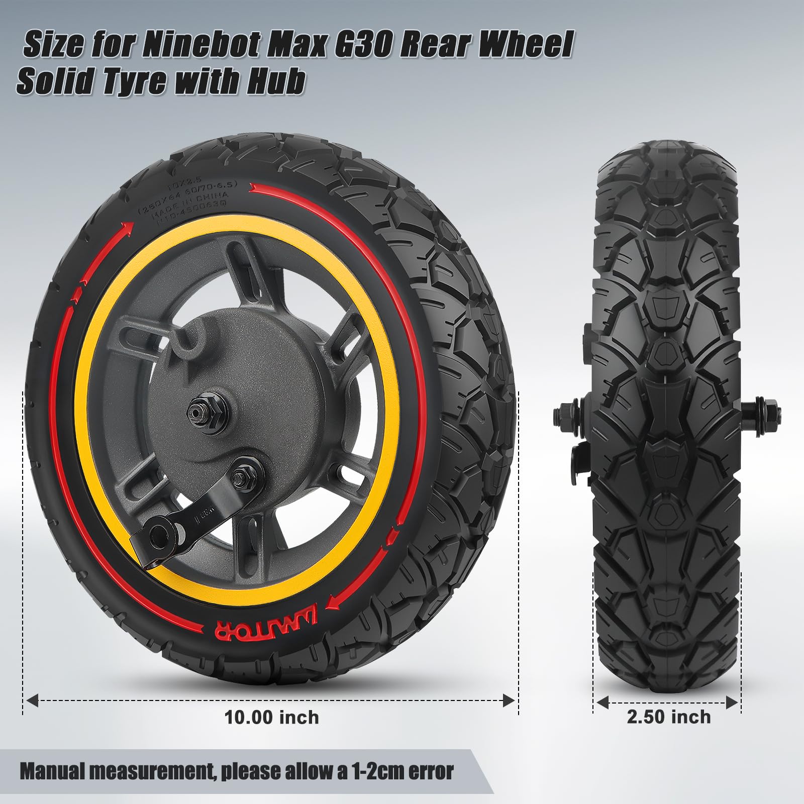 10x2.5 Pouces Ninebot MAX G30 Roue Avant Complète avec Pneu Plein 60/70-6.5 Trottinette Offroad, Robuste & Fiable, Anti-crevaison & Antidérapant, Zéro-Entretien, Montage Facile, 1PCS