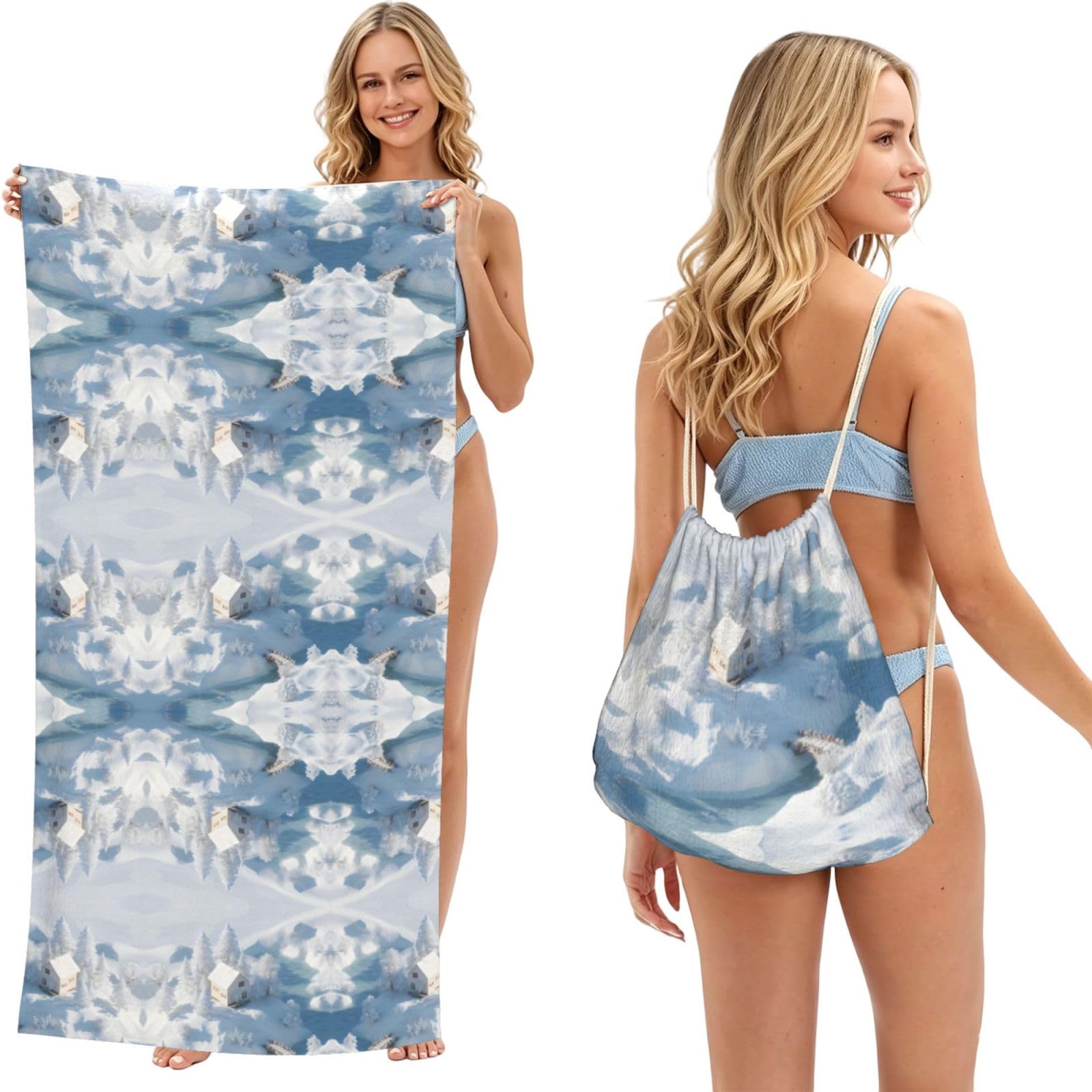 EZDLOWVBA Snow Scenery Print Beach Towel Backpack 2 In 1 Summer Large Lightweight Beach Towel - Multifunctional Ship Pattern Towel Bag For Storage,Sport