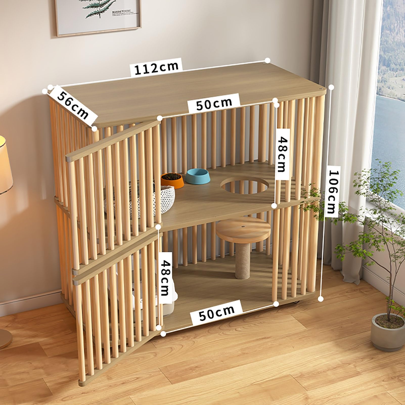 Grande Gabbia per Gatti in Legno a 2 Livelli per Interni - Spaziosa Cuccia per Gatti per 1-3 Gatti con 2 Porte - Recinto Ideale per Piccoli Animali Domestici (112x56x106 cm)