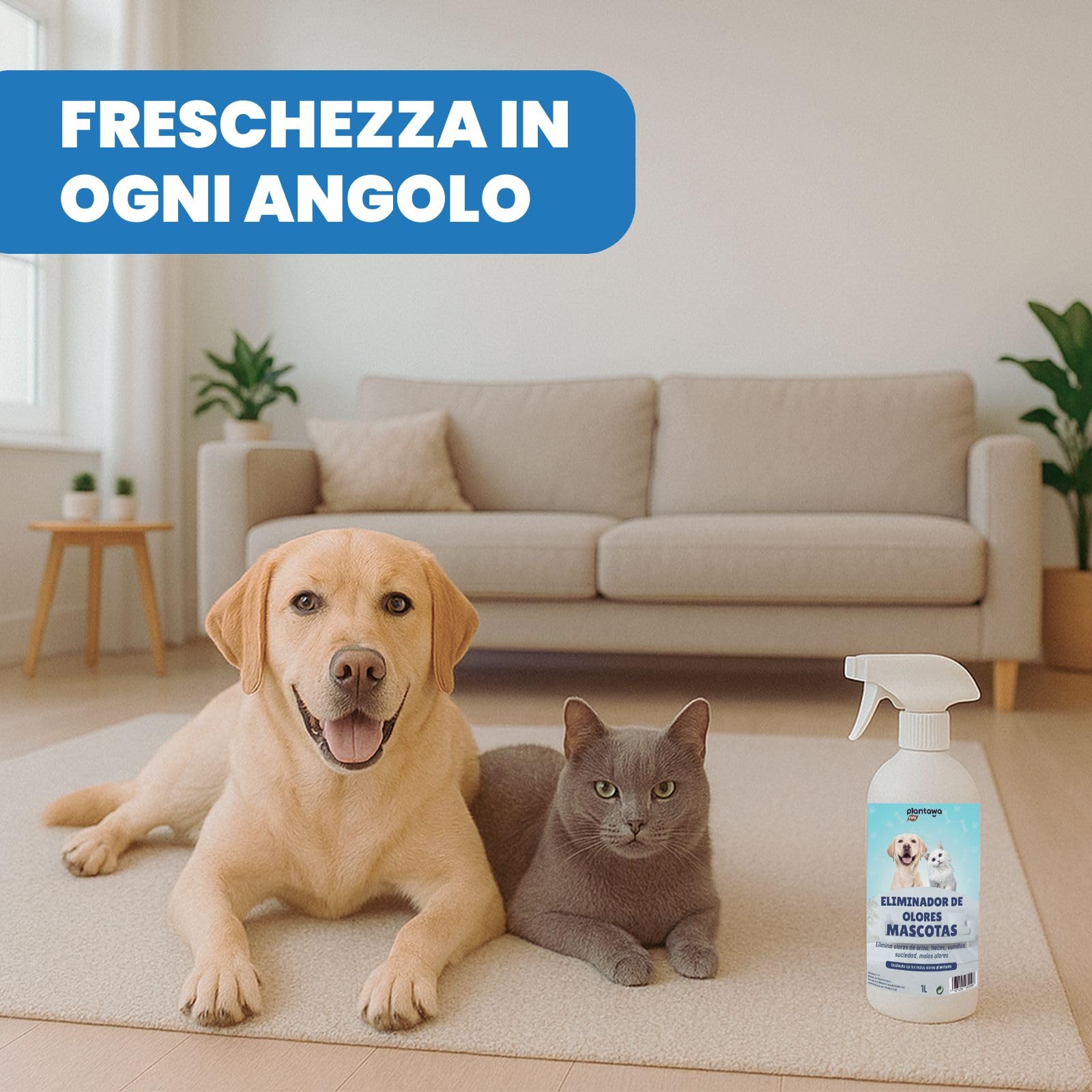 PLANTAWA Eliminatore di Odori di Animali Domestici Spray 1L | Eliminare Odore pipì Cane | Detergente Enzimatico urina Gatto, feci e Vomito | Repellente Naturale | Sicuro per Varie superfici e Tessuti