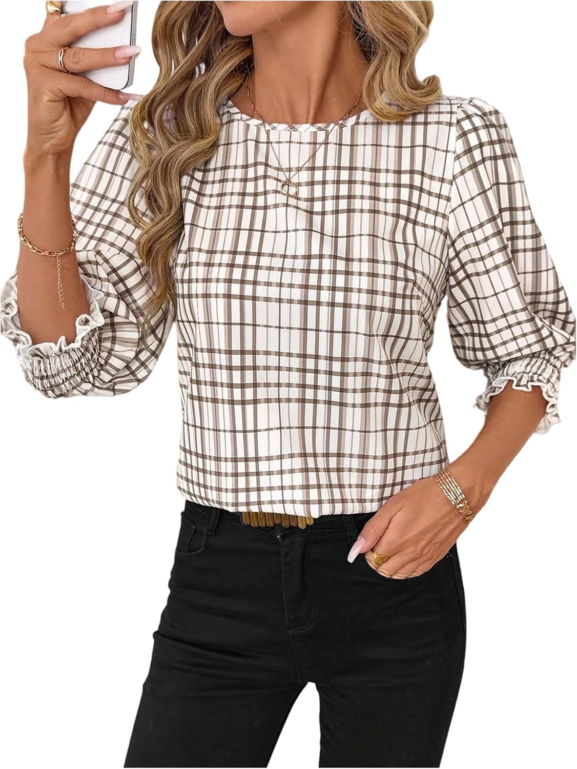 SOLY HUX Women's Plaid Blouse Crew Neck 3/4 Puff Sleeve Shirred Casual Work Shirt Tops