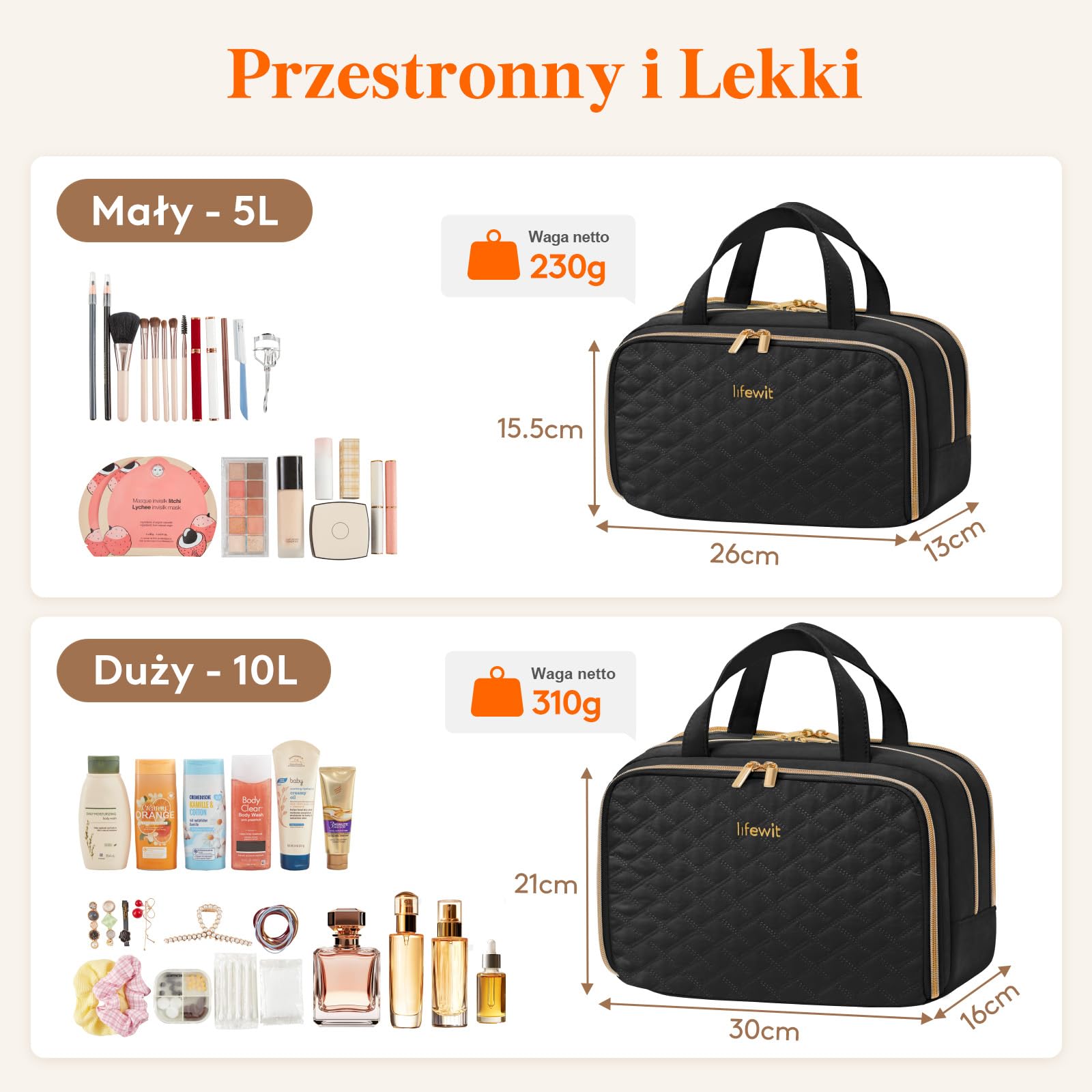 Lifewit Kosmetyczka Damska, Organizer na Kosmetyki Podróżne, Przezroczysta Kosmetyczka na Kosmetyki Pełnowymiarowe, Niezbędne w Podróży Pojemniki do Pielęgnacji Skóry, 10L, Czarny