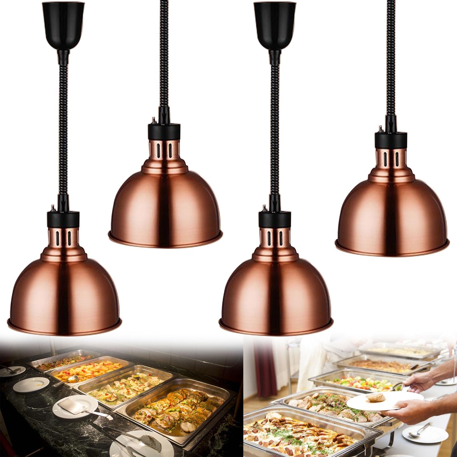 Lámpara de Calor de Alimentos de Acero Inoxidable, Calentadores de Comida con Interruptor Basculante, Lampara Calentamiento para Restaurante Buffet Fiestas, Ltura Ajustable de 65-170cm(Size:4 PCS)