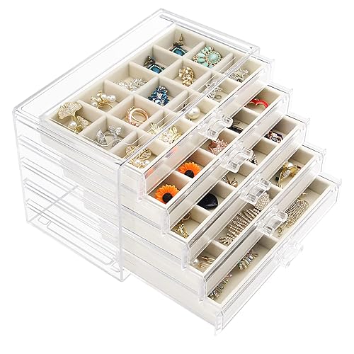 Watpot Acrylic Jewelry Box with 5 Drawers, Clear Earring Storage Organizer Display Case for Women Girls, Beige