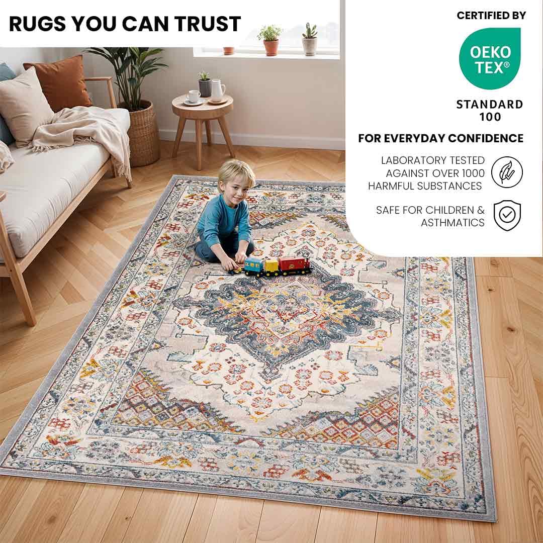 Tapis Bohème 80x150cm Ivoire/Vert - Pour Intérieur Et Extérieur - Imperméable Et Anti-taches