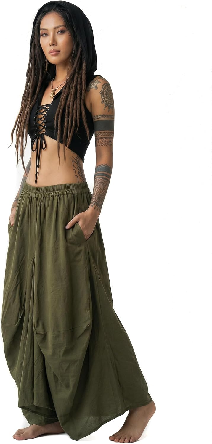Thaluta Women's Boho Maxi Skirt with Pockets - Organic Cotton Long Flowy Skirt, Casual Elastic Waist Skirt for Vacation